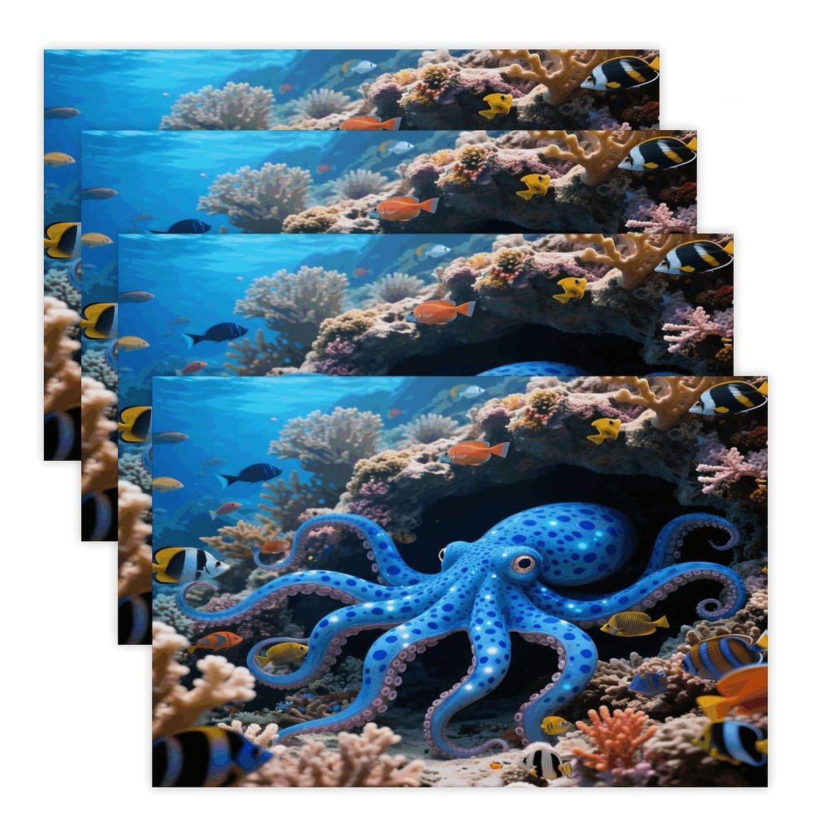 Blue Octopus Placemats Heat Resistant Non-Slip Place Mats Washable Wipeable Table Mat Kitchen Dining Table Decoration Placemats Indoor Outdoor Place Mats 17.7’’×11.8’’