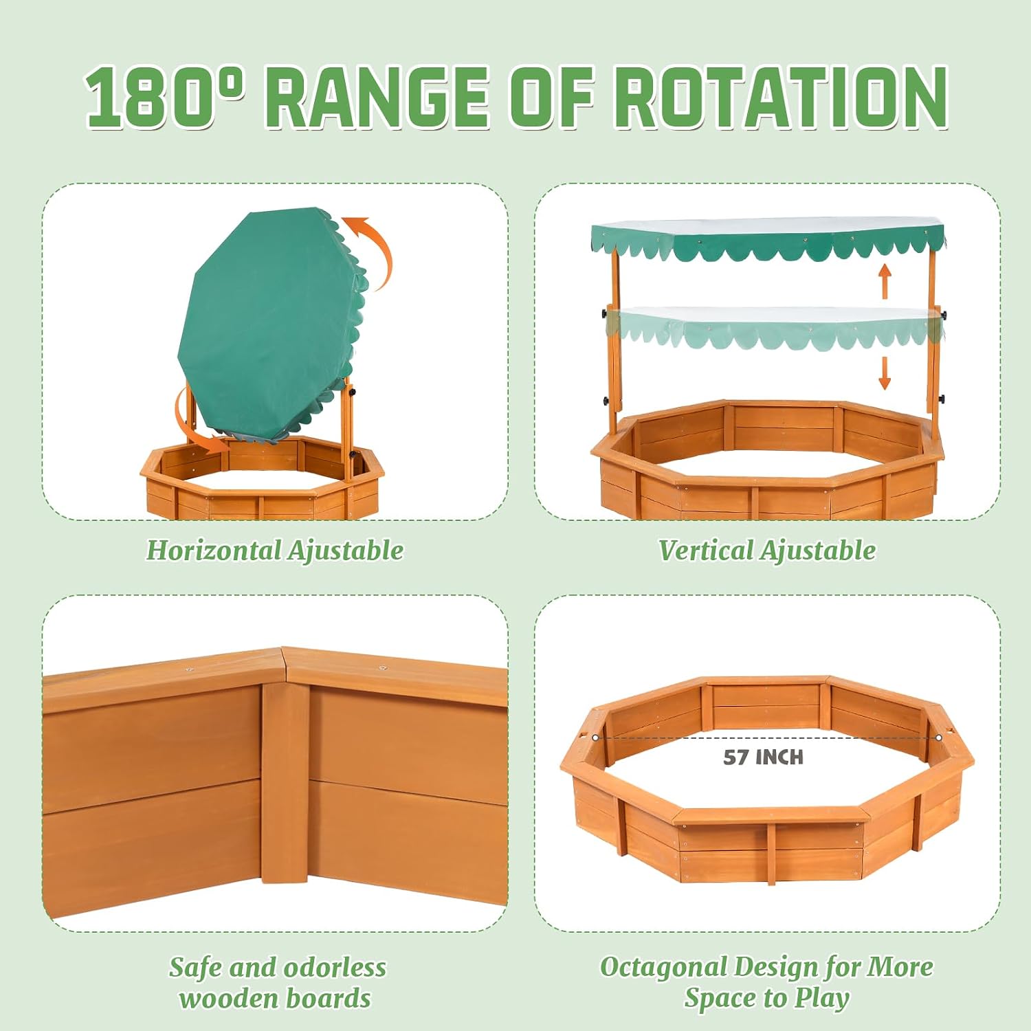 ISBA Wooden Kids Sandbox with Adjustable Cover Octagon Canopy Large Outdoor Sandpit for Backyard Weather Resistant Natural Wood Play Sandbox for Kids Ages 3 to 9