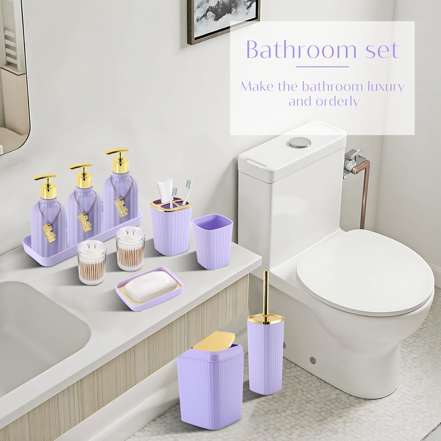 17PCS Bathroom Accessory Set Bathroom Set Purple Bathroom Accessories,Toilet Brush, Trash Can, Qtip Holder Dispenser& 3PCS Soap Dispenser