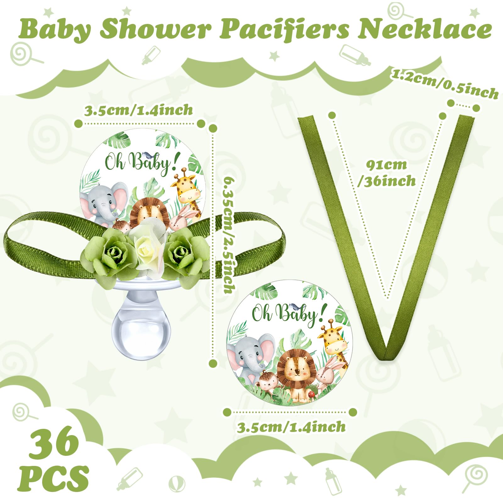 Quelay 36 Pcs Baby Shower Pacifier Necklace Cute Jungle Animal Acrylic Baby Pacifiers with Delicate Flowers for Baby Shower Decoration Table Distribution Party Favors