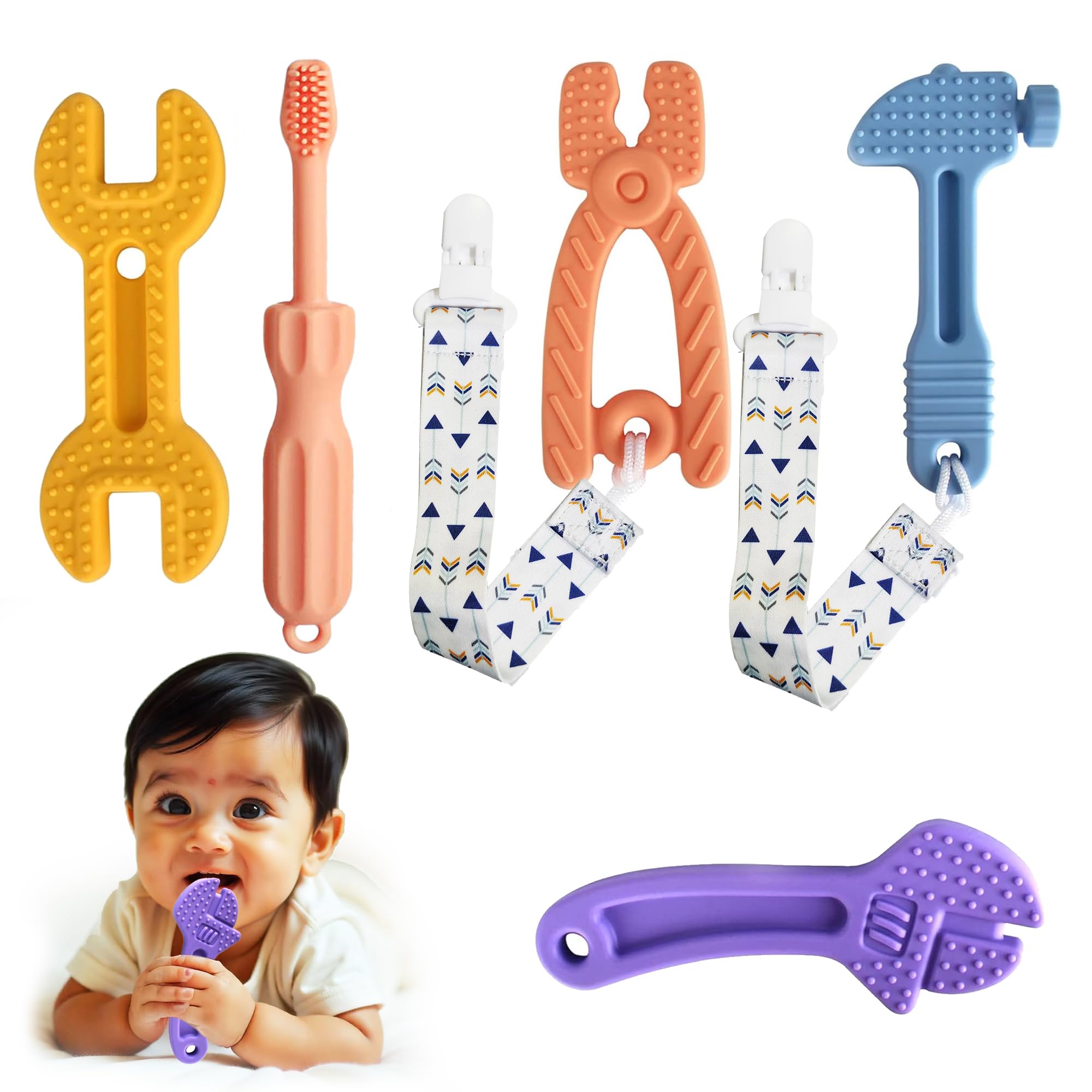 Kidology Tool Shaped Silicone Teether Set for Babies – Pack of 5 | BPA-Free Infant Teething Toys with 2 Clip Holders | Soft Chewable Tools for Toddlers 6+ Months | Safe Teething Relief & Baby Shower Gift-picture-11