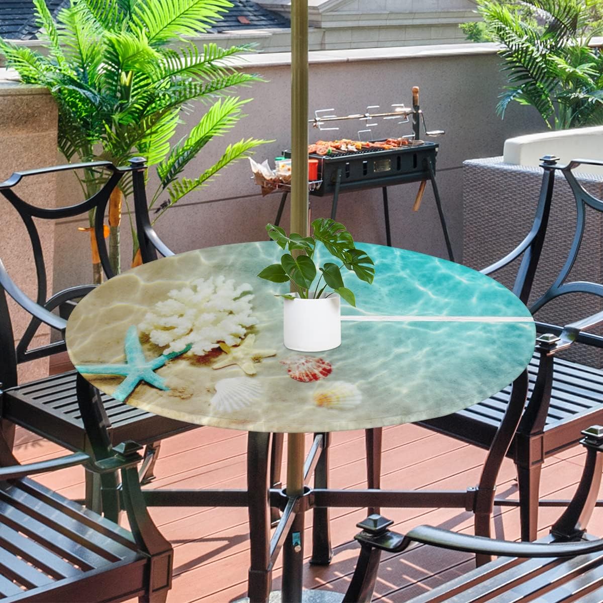 Bardic Summer Beach Round Outdoor Fitted Tablecloth with Umbrella Hole Zipper, Starfish Seashell Elastic Edged Table Cloth Waterproof Wipeable Table Cover for Patio Party Picnic, 36"-44"