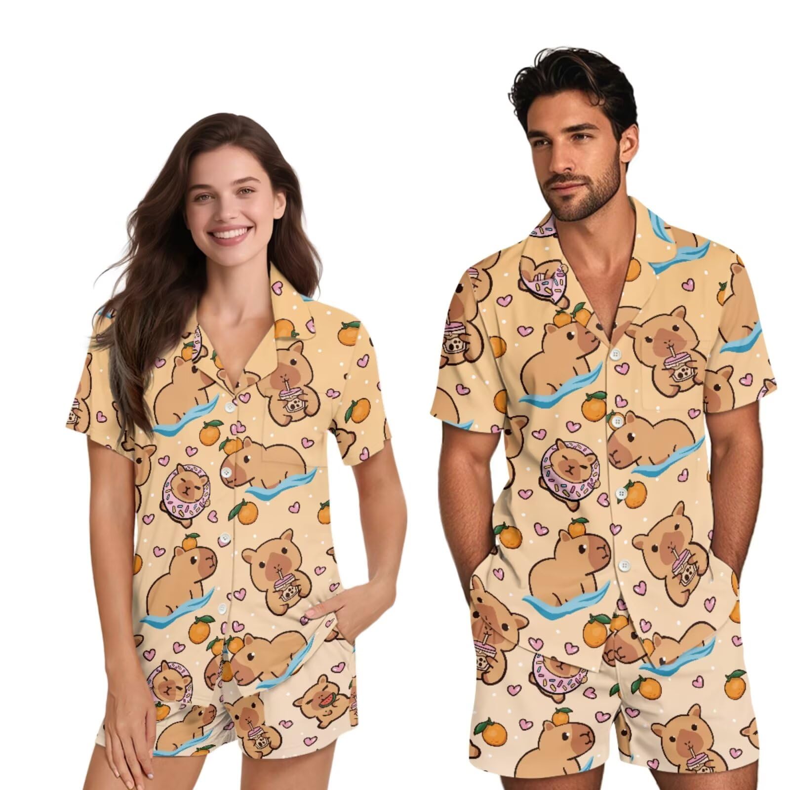 Conjunto de pijama a juego para parejas, de manga corta, con botones, para hombres y mujeres