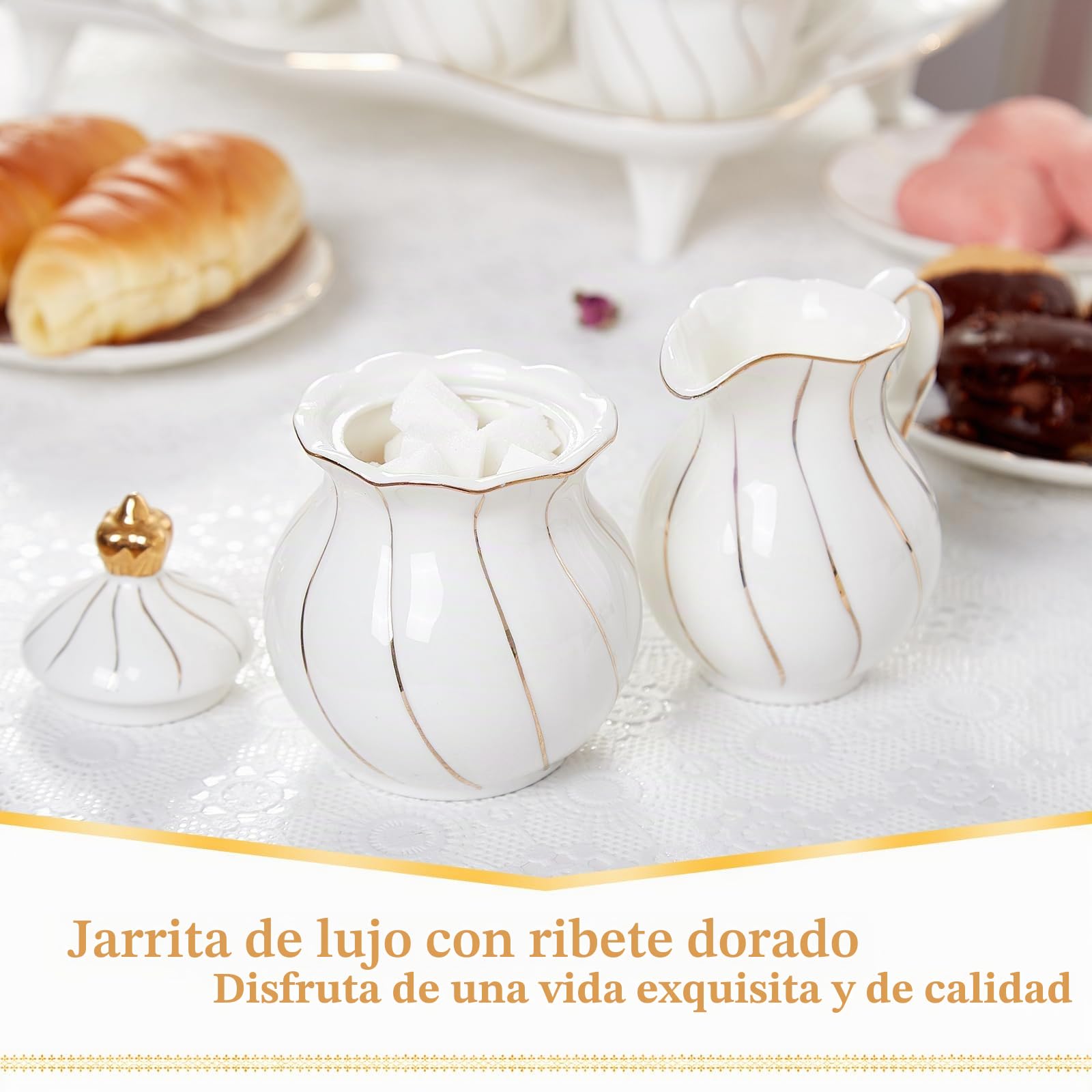 DUJUST Juego de crema y azúcar blanca, diseño británico de lujo en adornos dorados, 1 azucarero con tapa (350 ml), 1 jarra de leche (235 ml), juego de crema de azúcar hecho a mano, decoración para