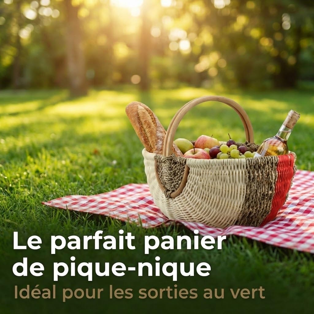 Grand Panier de Courses en Rotin et Jonc de Mer – Panier de Pique-Nique Tressé à la Main avec Anse – 48x33x24 cm – Panier de Marché Robuste et Stable – Design Vintage – Vert