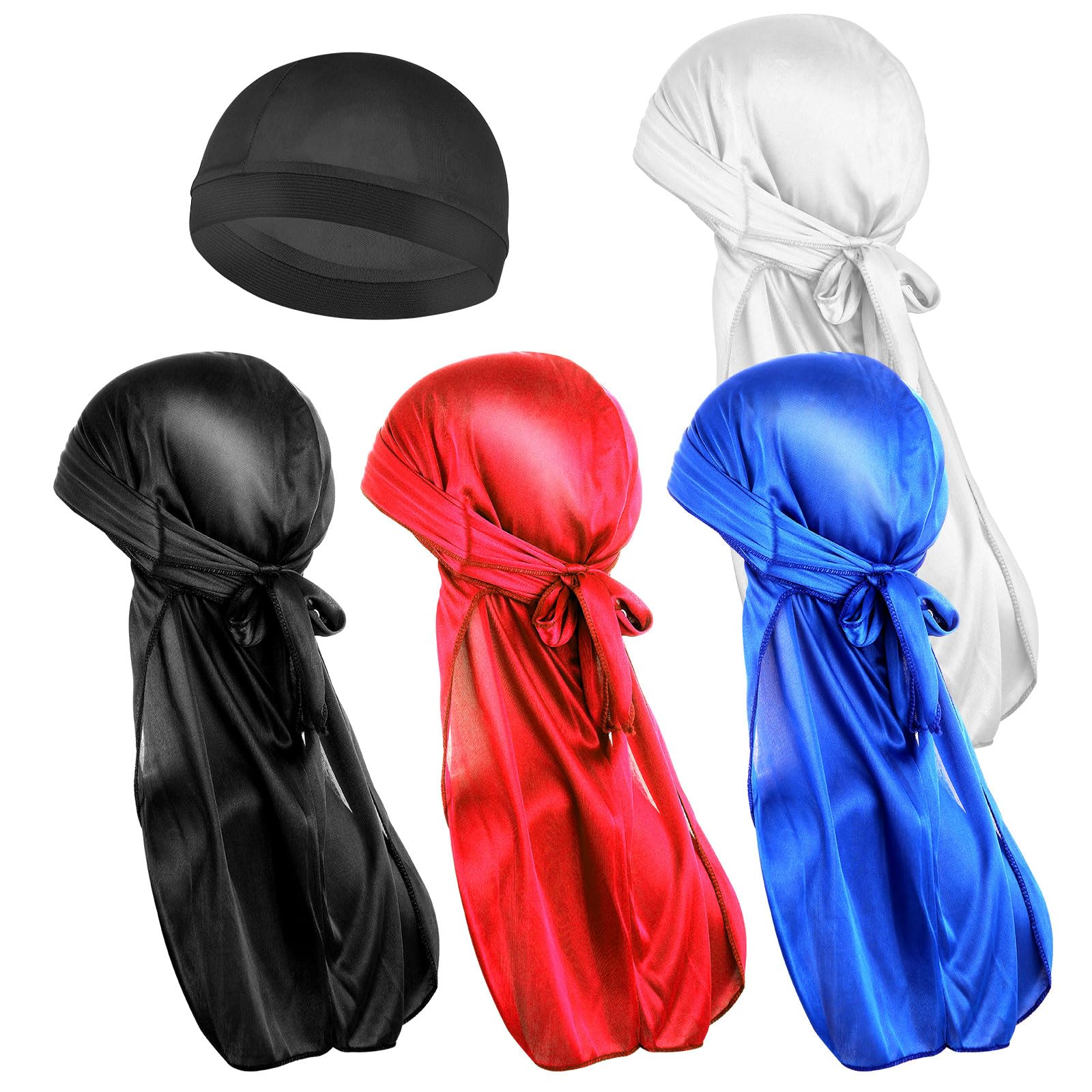 COMNICO 4 gorros ondulados de seda y 1 sombrero redondo Durag de seda, seda premium extra larga, sin arrugas, ultrasuave, cómodo, elástico, para hombres y mujeres, Negro, Plata, Azul, Rojo, Talla
