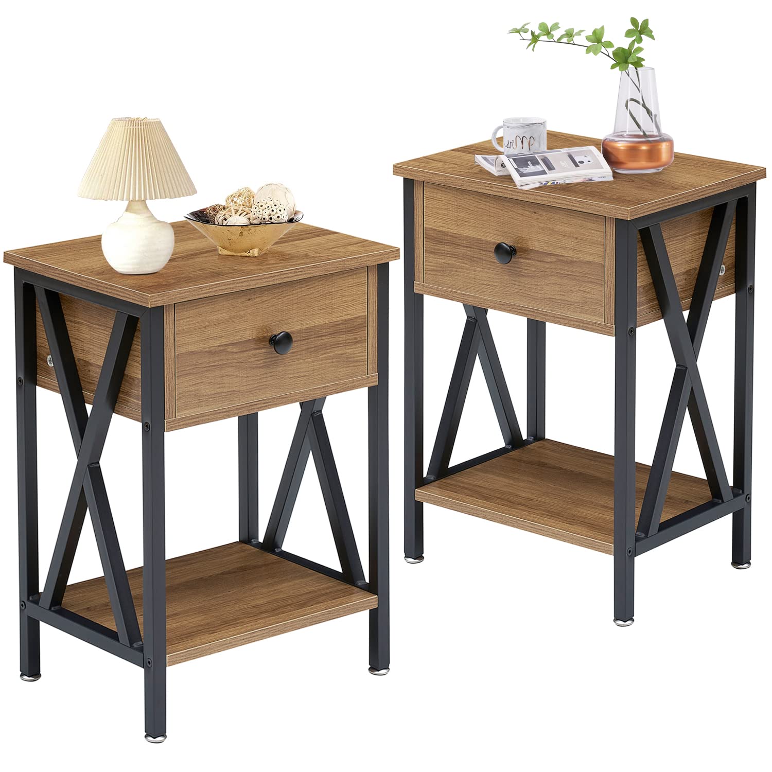vecelo nightstands set of 2, modern bedside end tables, night stands with drawer and storage shelf for living room bedroom, industrial metal frame