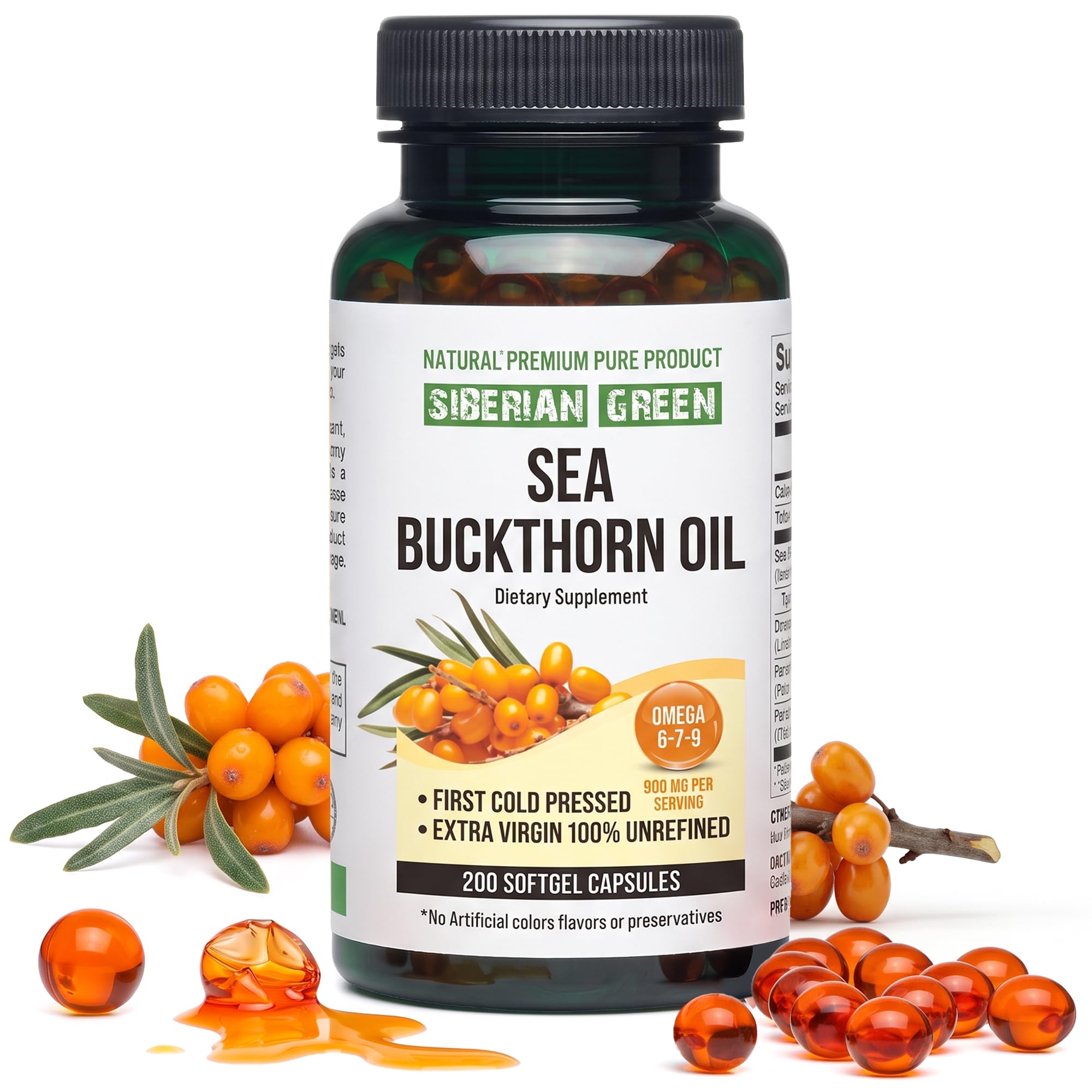 Siberian Sea Buckthorn Oil Capsules 200 Softgels | from Wild-harvested Siberian Sea Buckthorn Berries | Oil Cold Pressed Unrefined Gluten Free Non-GMO Premium Omega 7