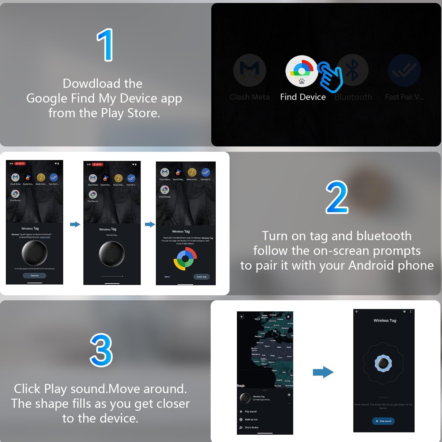 Step-by-step guide showing how to download the Google Find My Device app, turn on the tag and Bluetooth for pairing, and use the 'Play Sound' feature.