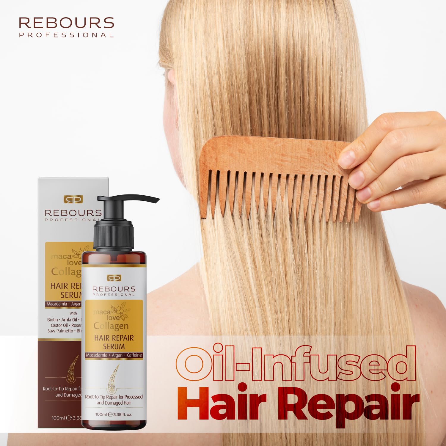 REBOURS Maca Love Collagen Hair Repair Serum – Macadamia, Argan, Batana & Bhringraj Oils – Nourishing & Strengthening Treatment for Damaged Hair – 3.38 fl. oz