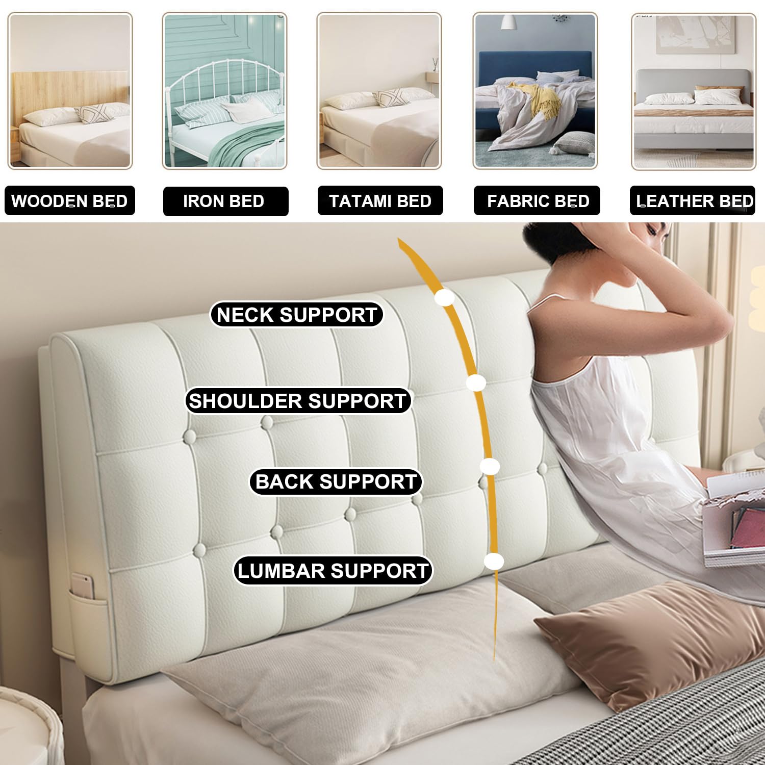 Cabecero tapizado de piel sintética para dormitorio, litera, cojín de cuña grande con soporte lumbar y funda extraíble, color blanco, 79 x 23 x 4 pulgadas