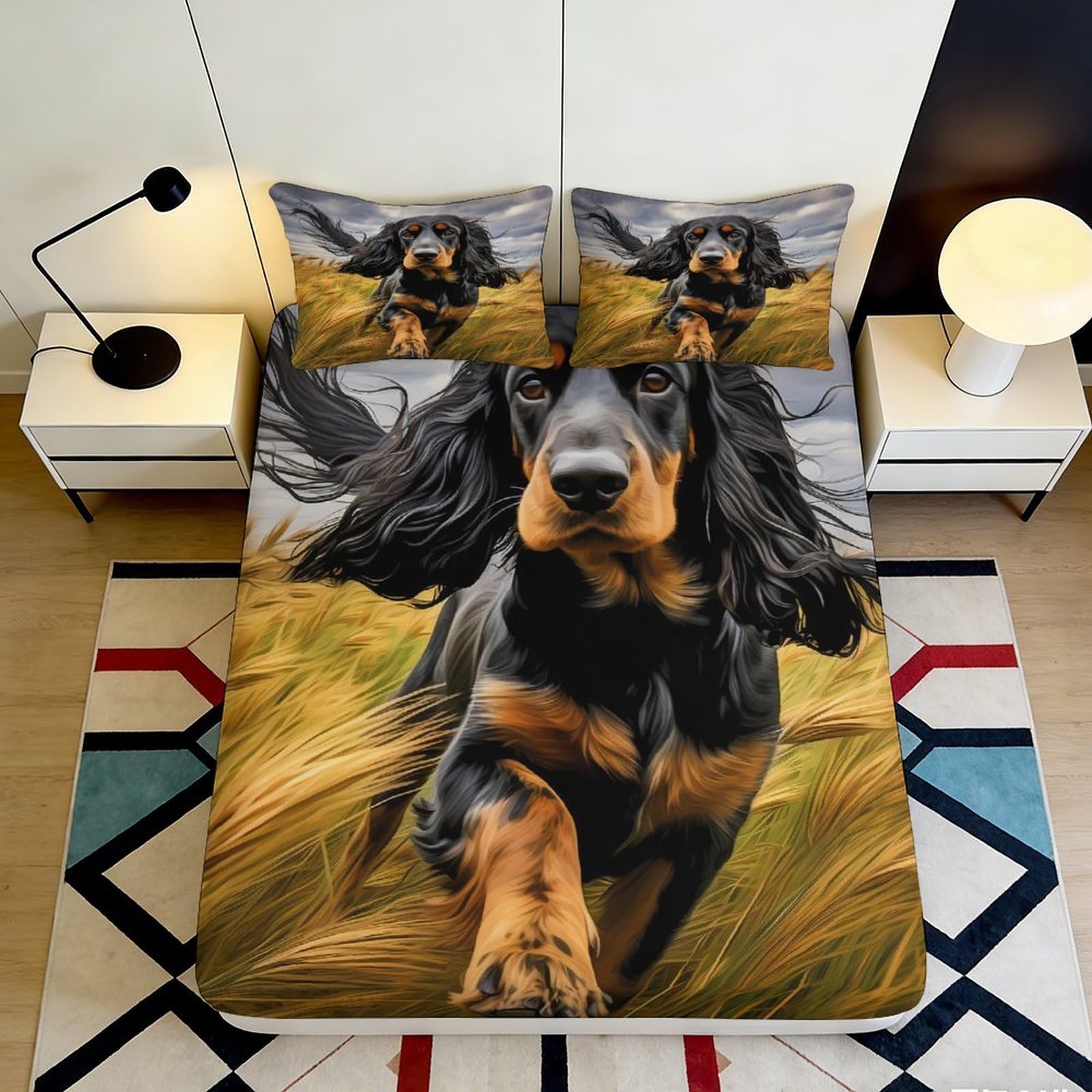 3D Printed Black Spaniel Fitted Sheet Microfiber Slip Resistant Dog Field Bed Cover for Bedroom Guest Room Decor 90x200x25cm