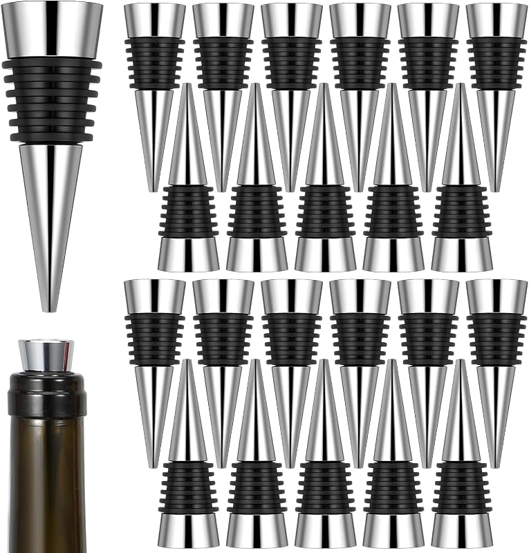 25 Pieces Wine Bottle Stopper Set Kit Reusable Decorative Bottle Stoppers Stainless Steel Wine-Bottle Stopper Kit for Kitchen, Bar, Gifts, Holiday Party, Wedding(Metal Silver)