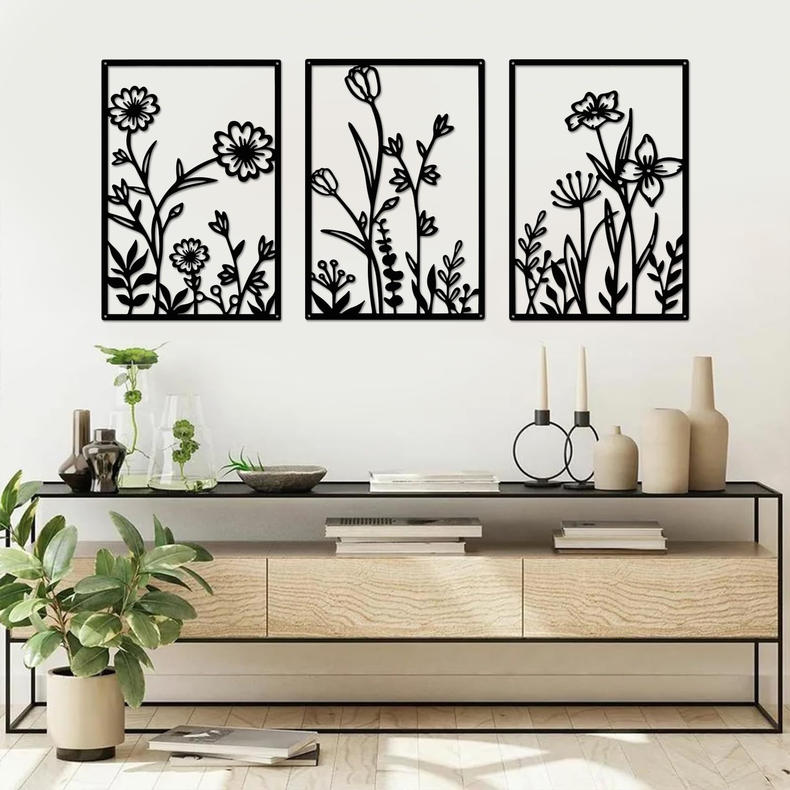 YiYa 3 Pcs Black Metal Wall Art Metal Flower Wall Decor Floral Line Hanging Wall Sculpture Minimalist Line Art Modern Aesthetic for Home Bedroom Kitchen Living Room(Daisy)