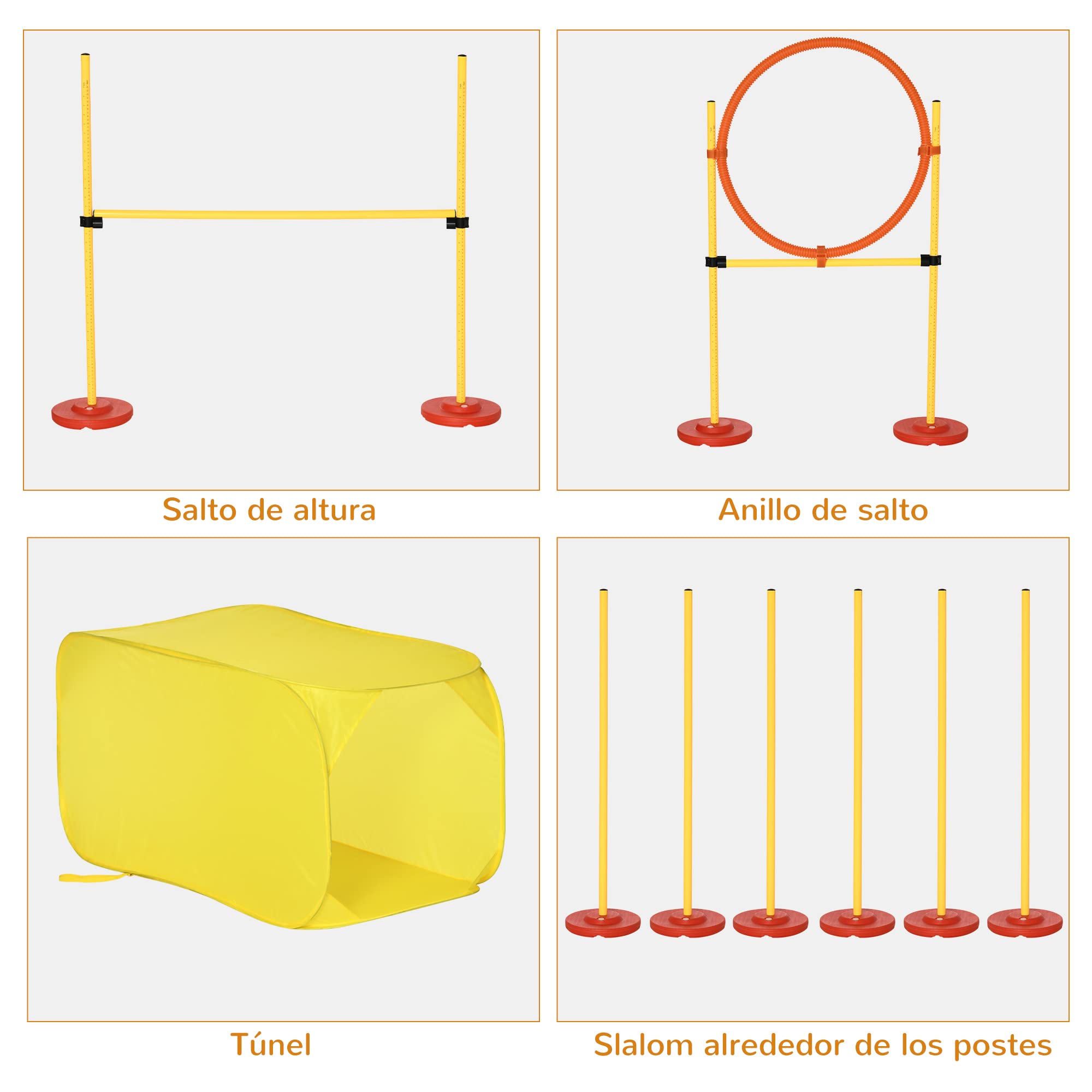 PawHut Conjunto 4 Obstáculos de Entrenamiento para Perro Set de Agilidad para Mascotas Estable Altura Ajustable de Aro con Túnel Postes y Bolsa Transporte Amarillo