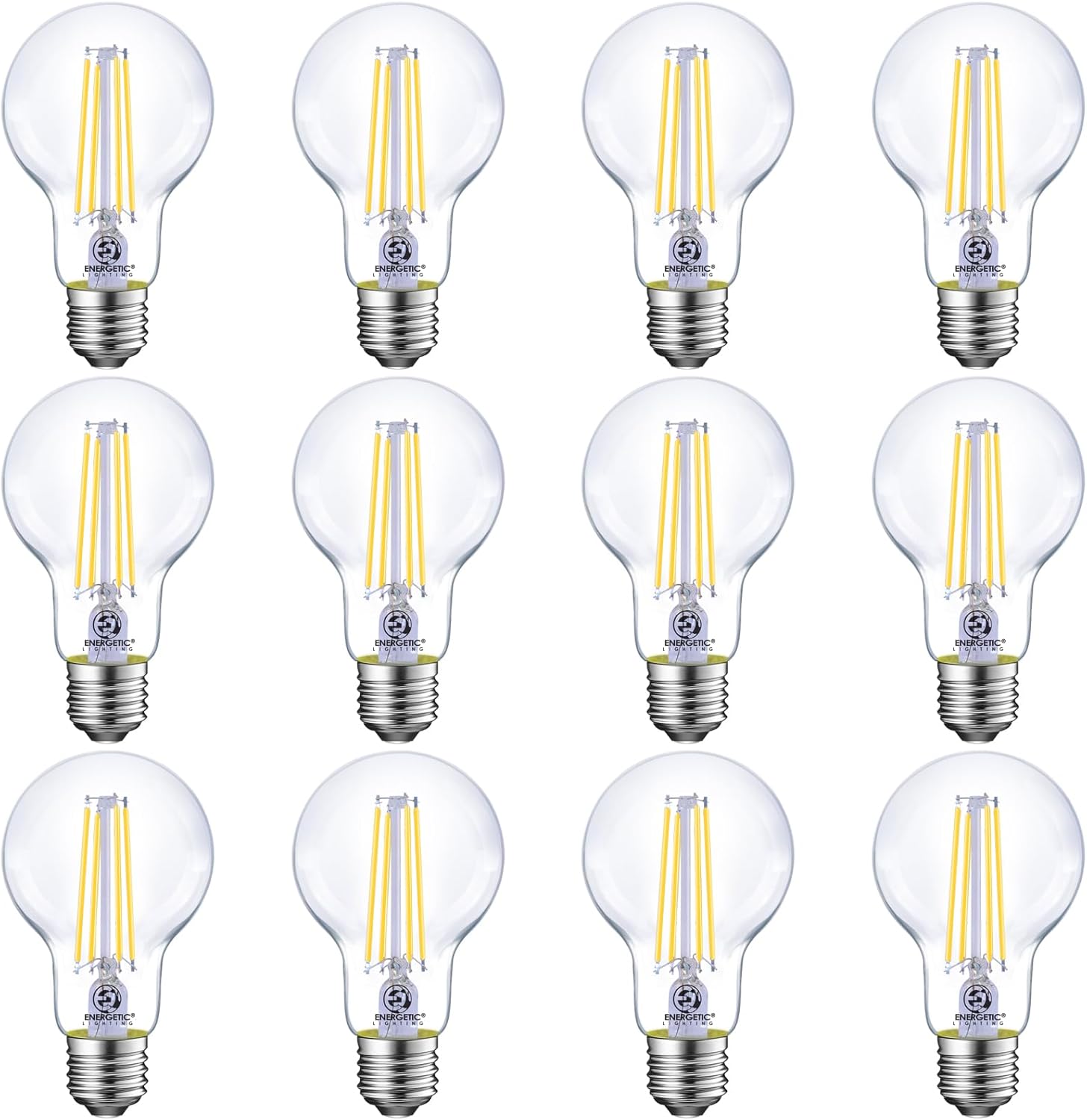 Energetic Dimmable LED Filament Light Bulbs, 8W, 60 Watt Equivalent, Cool White 4000K, Classic Clear Glass, A19 LED Light Bulb, 12 Pack
