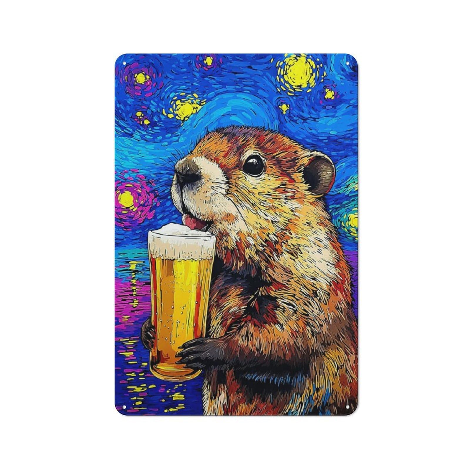 Junmoney Groundhog Drinking Beer Tin Sign 30X20cm For Café Or Home Bar, Retro Wall Decor, For Garage, Workshop And Man Cave Decoration
