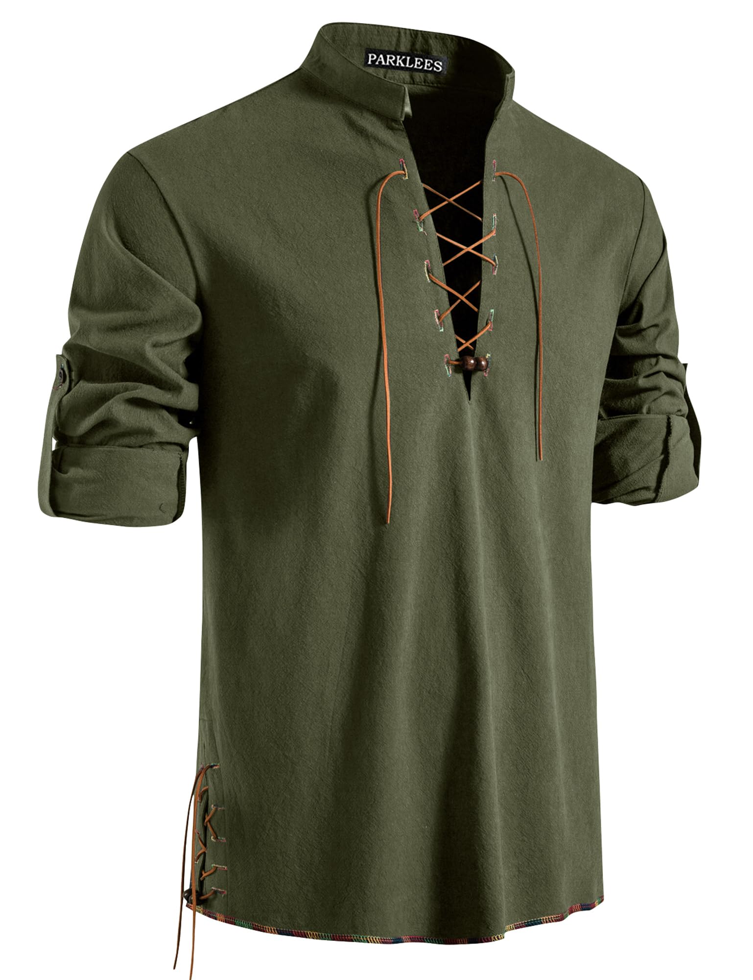 PARKLEES Men's Renaissance Costumes Retro Lace Up Long Sleeve Shirts for Pirate Viking Medieval Military Green Large