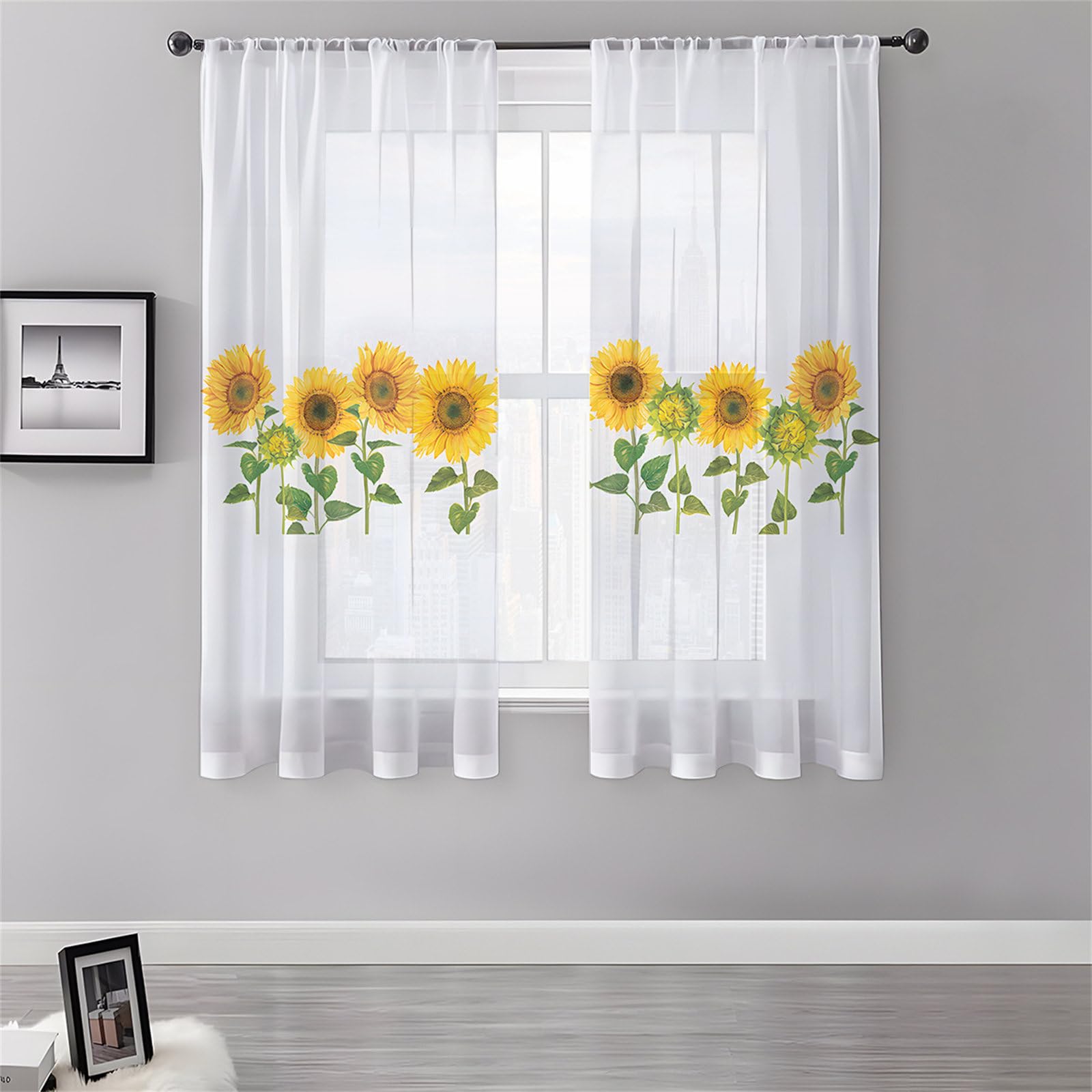 Surwin Net Curtains for Windows, Voile Curtain, 2 Panels Floral Plant Prints with Eyelets, Semi Transparent Lightweight Voile Panel for Living Room Bedroom Balcony Decorative (Sunflowers,130x213cm)