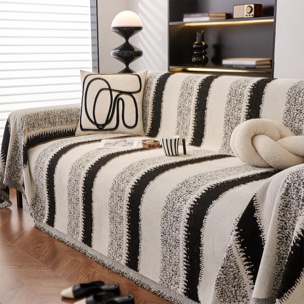 FANSU Throw Blanket - Large Reversible Soft Throw for 1/2/3/4 Seater Sofa, Couch, Bed - Lightweight Decorative Blanket - Black Stripes, 180x150cm