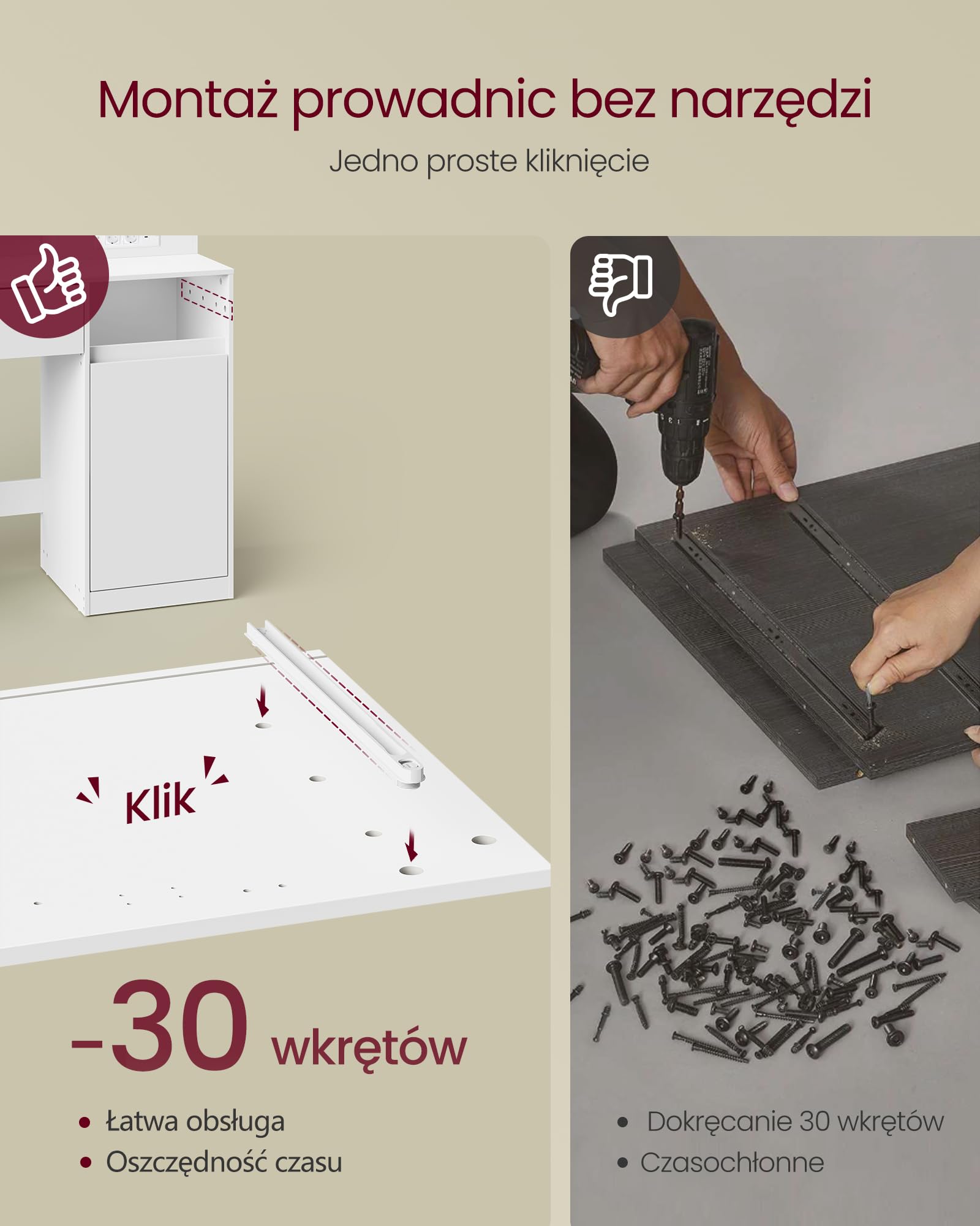 VASAGLE Kolekcja KAILYN – Toaletka z lustrem i oświetleniem LED, listwa zasilająca, 2 szafki, 9 ściemnialnych żarówek, 3 barwy światła, szyny przesuwne bez użycia narzędzi, biały chmurowy RDT142WB02