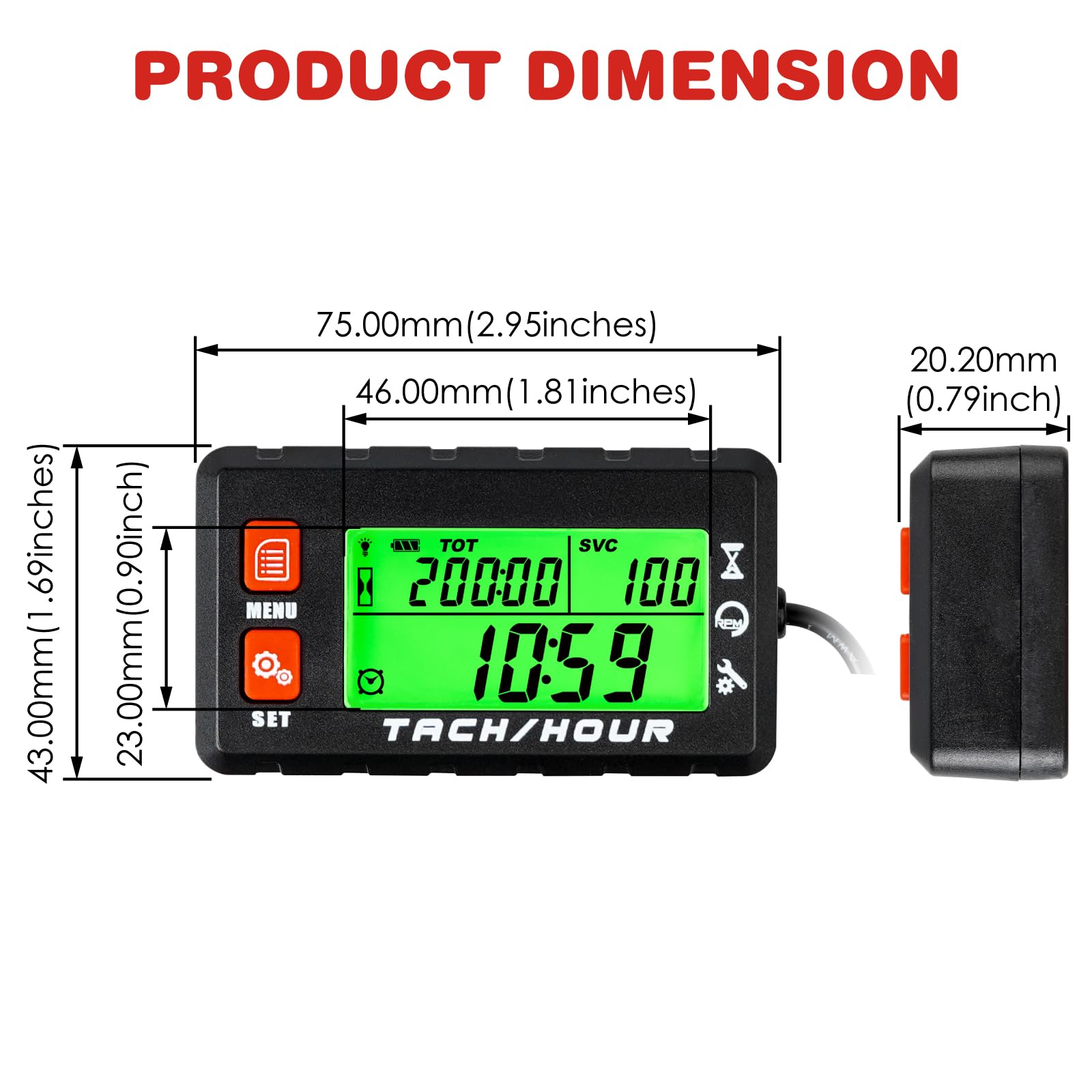 "RileyFine HM058J Compteur d’heure numérique Tachymètre, noir, 75 * 20 * 43 (millimetro) Tachymètre RPM, chronométrage TOT, rappel SVC et SVC2, utilisation pour tondeuse à gazon, tracteur, moto, VTT