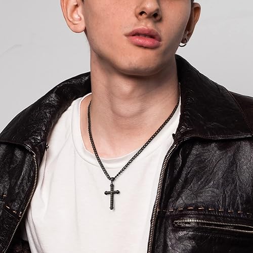 Miniatura 5 de LUXEJEW Cross Necklace for Men, Silver Black Gold Stainless Steel Cuban Chain Cross Pendant Necklace for Men