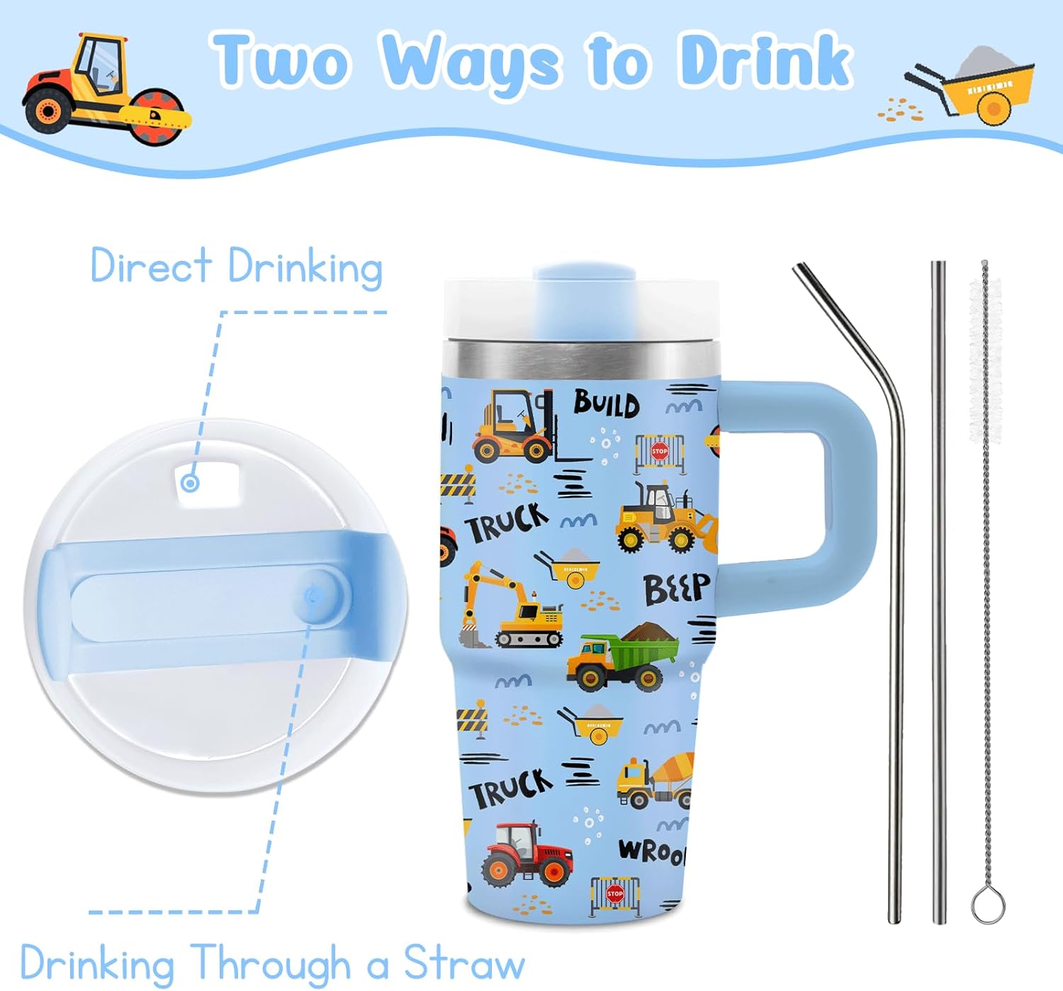 Construction Truck Tumbler with Handle for Boys 14 Oz, Insulated Stainless Steel Trucks Travel Tumbler Cup, Birthday Gifts for Boys, Kids, Back To School - Image 7