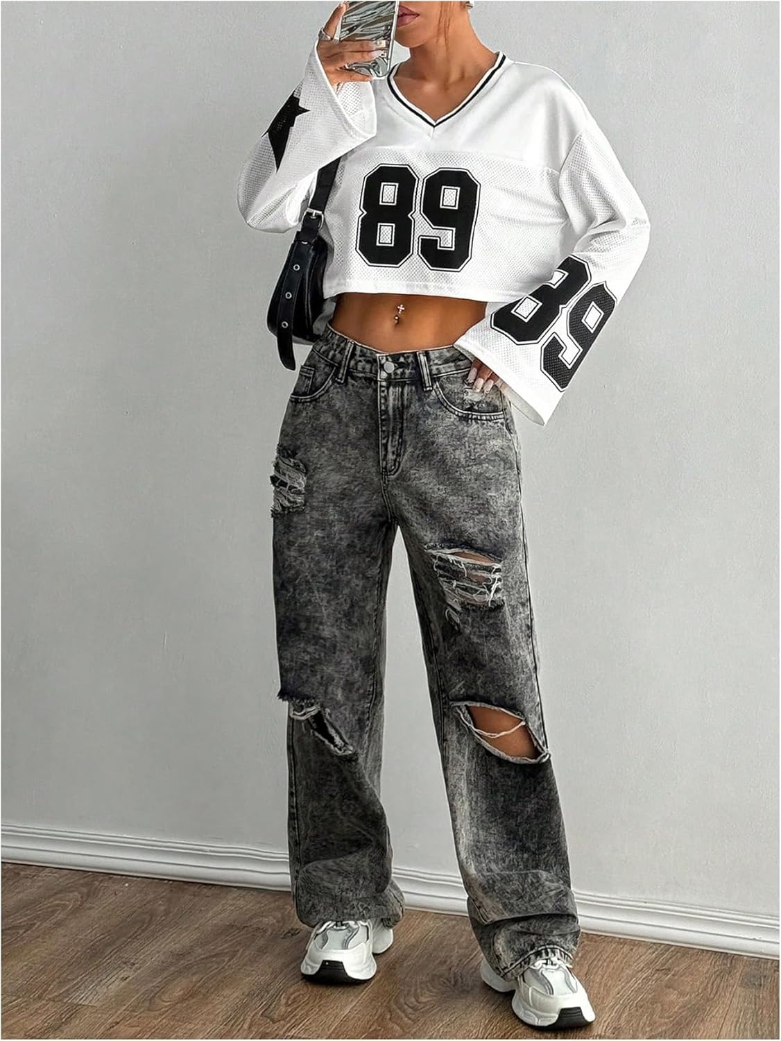 Milumia Women's Jersey Shirts Y2k Number Print Long Bell Sleeve Crop Tops Football Jersey - Image 5