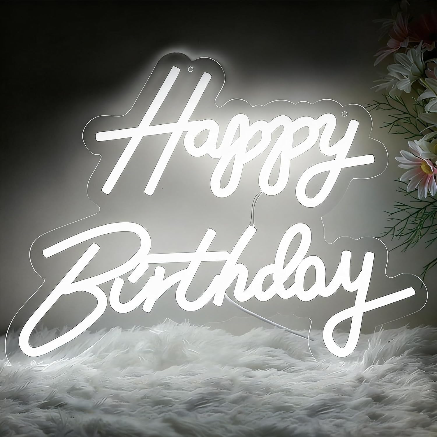 Happy Birthday Neon Sign - 16.5x9.8 Inch White Birthday Neon Light for Wall Decor, USB Powered Dimmable Party Decorations for Backdrop, Indoor & Outdoor