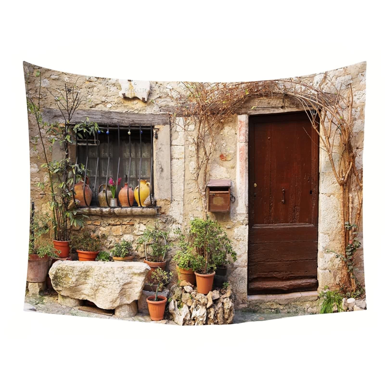 Tapiz decorativo de pared, rectangular, multicolor, puerta de madera de calles, poliéster, 240 x 220 cm
