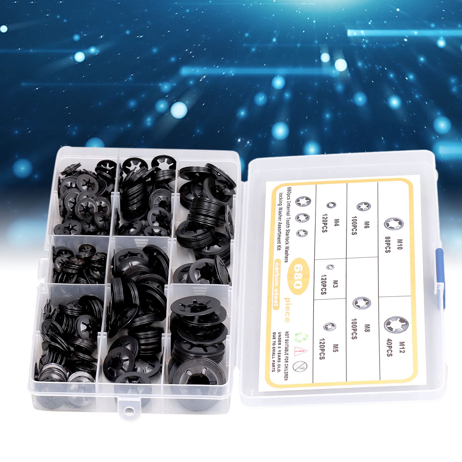 Natudeco 680Pcs M3 M12 Washers Flat Locking Internal Tooth Assortment Kit Carbon Steel Internal Tooth Shakeproof Washers Internal Tooth Washer Kit