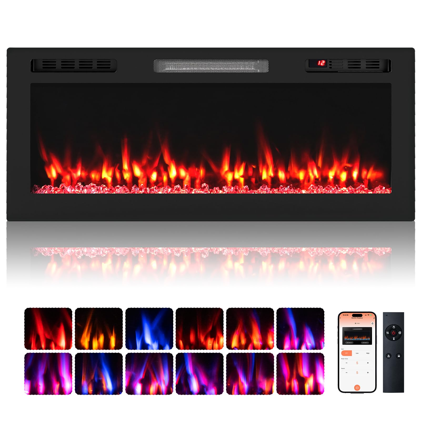 GOPLUS Cheminée Electrique avec Effet Flamme, Chauffage 750W/1500W avec Écran LED, 12 Couleurs de Flammes, Minuterie 12 H, Fausse Cheminée Montage Mural et Encastré, Télécommande pour Salon