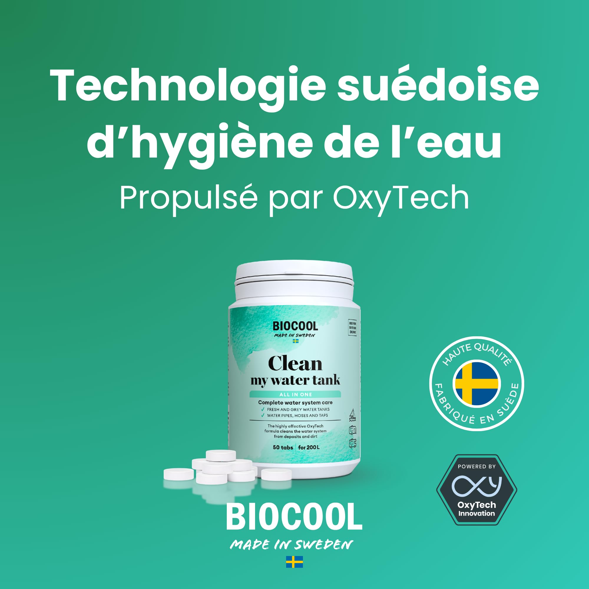 Biocool Comprimés nettoyage réservoir d’eau propre – OxyTech oxygène actif | Élimination du biofilm & hygiène système | Sans chlore | 50 comprimés jusqu’à 200 L