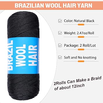 2 Pcs Natural Black Brazilian Wool Hair for Braids Acrylic Hand Knitting Goddess Faux Locs Crochet Hair for Black Women Senegalese Twisting Jumbo Braids Braiding Hair Extension #1B
