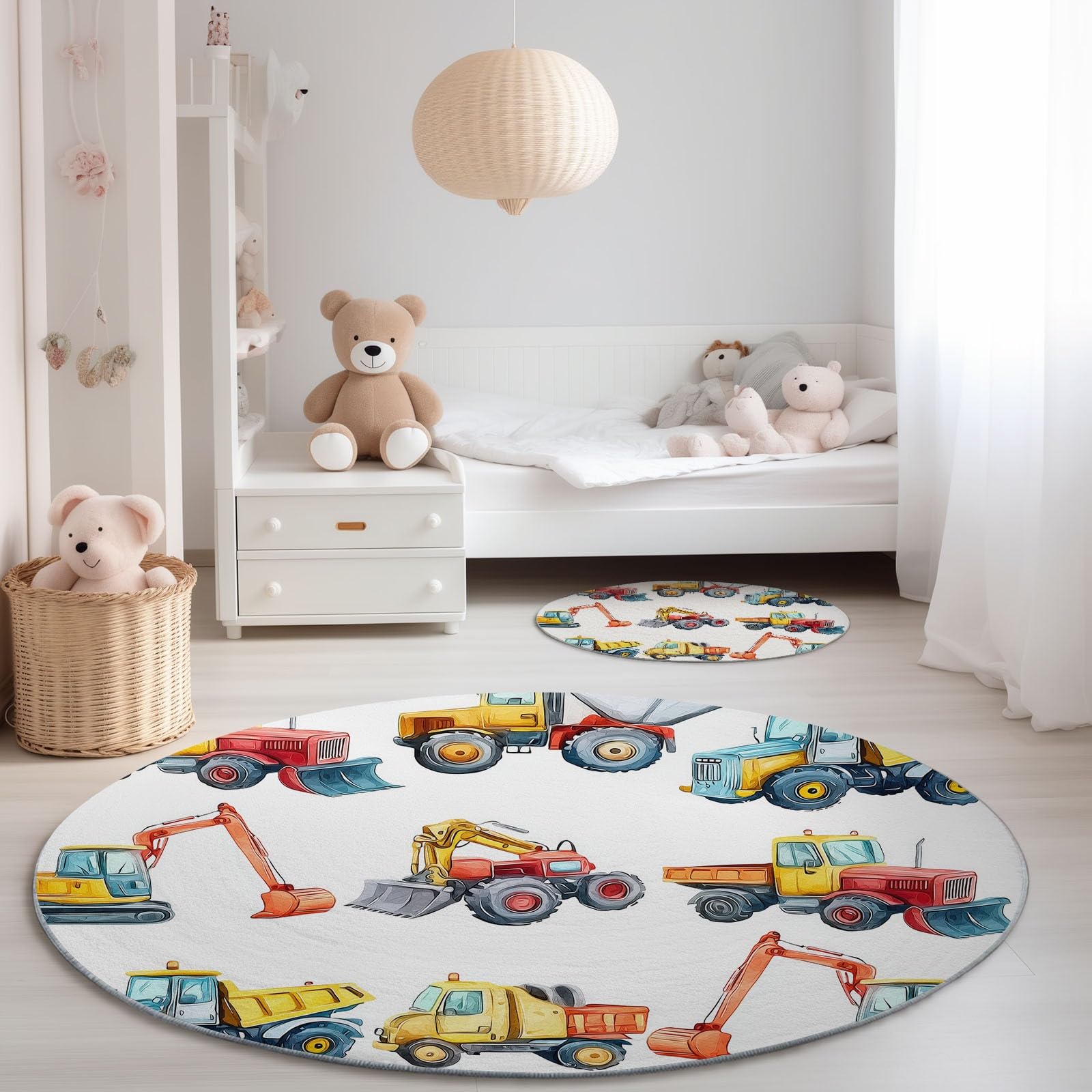 Generico Tappeto rotondo per soggiorno Modello Di Veicolo Da Costruzione, Stile Cartone Animato Tappeto morbido antiscivolo per sala da pranzo, camera da letto, cameretta bambini, 150 cm, Bianco