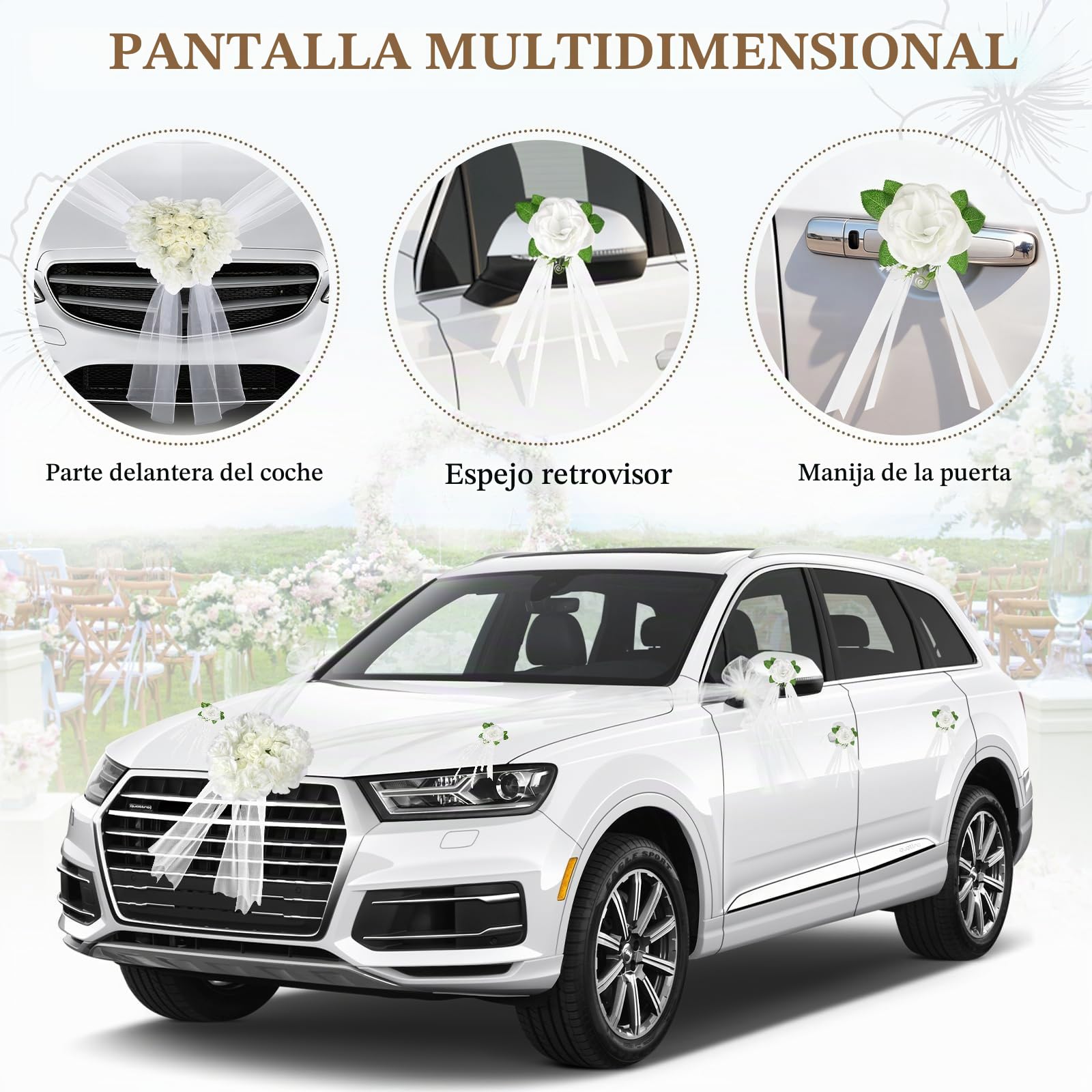 Decoración para Coche de Boda en Forma de Corazón, Set con 1 Guirnalda Corazón, 4 Flores para Manijas, 2 Cintas de Tul (1,8m), etc. – Para "Just Married", Despedida de Soltera y Ceremonia