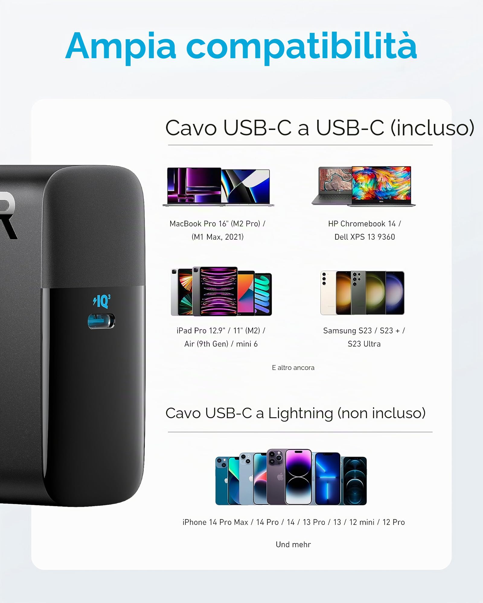 Anker Caricatore USB C 100W PIQ 3.0 per MacBook Pro iPad Pro iPhone Samsung Galaxy Cavo 1,5 m
