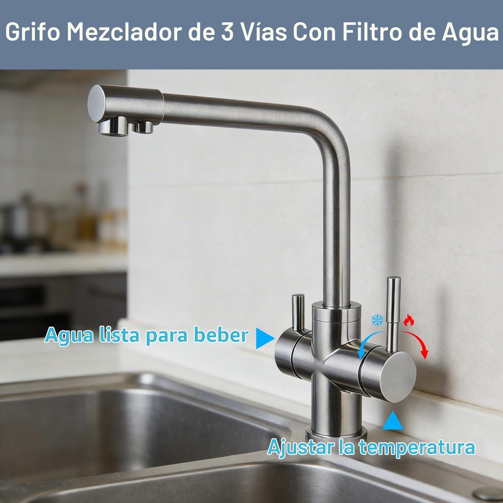 Grifo de cocina de 3 vías con doble mango, grifo mezclador para fregadero de cocina, grifo de filtro de agua fría y caliente, mezclador de triple flujo para cocinas, manguera G3/8 pulgadas, giro de