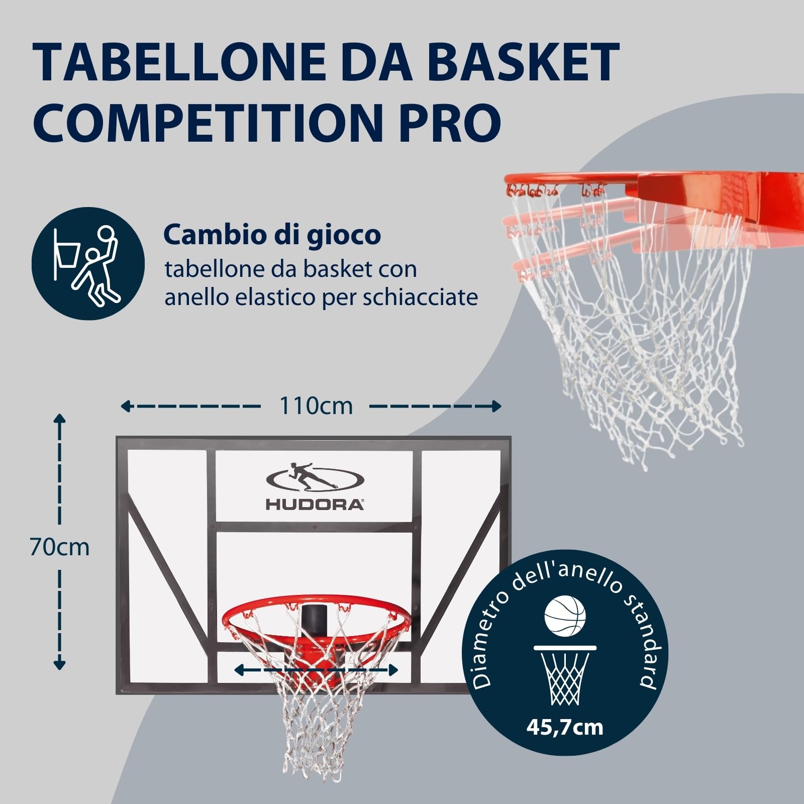 HUDORA Canestro da basket Board Competition Pro - Canestro da basket con anello per schiacciate da parete per bambini e adulti - Canestro da basket da giardino con tabellone trasparente