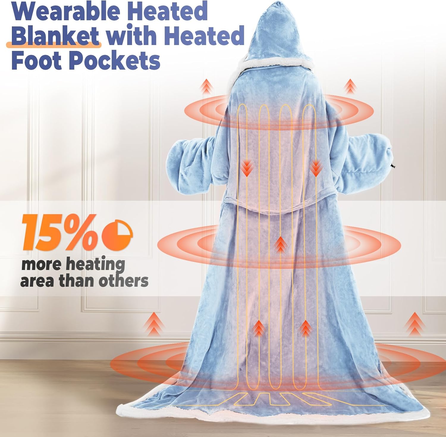 Wearable Heated Blanket with Foot Pocket, Electric Wearable Throw Blanket with Sleeves, Hood, Portable Heated Blanket with 8 Heat Settings, 1-10 Hours Auto Shut-off, Gift for Family, Friends, 50*70" - Image 6