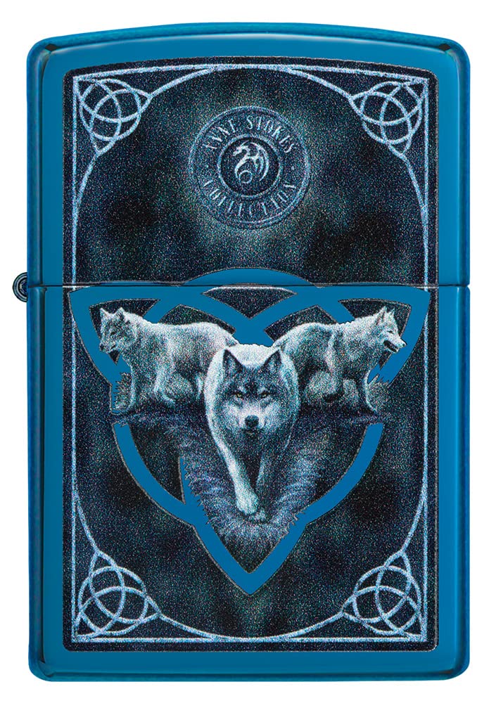 Windproof Lighter - Wolves Design by Anne Stokes - High Polish Blue Finish - Refillable - Reusable - Windproof Design - Gift Box - Metal - Made in USA