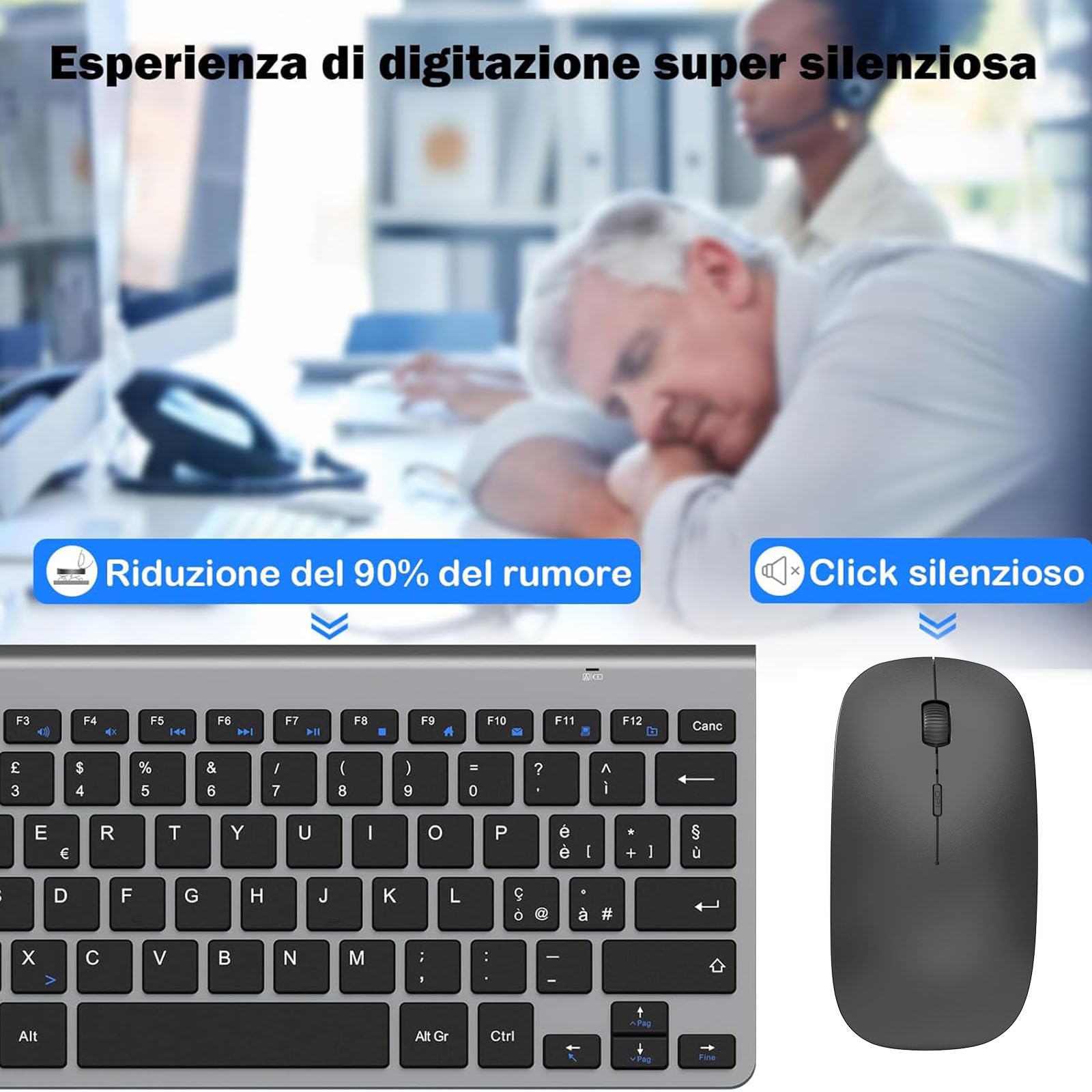 Tastiera e mouse Wireless, PINKCAT 2.4G Set di tastiera ultrasottile e mouse ergonomico silenzioso con 12 tasti di scelta rapida multimediali per computer, PC, laptop, desktop (grigio)