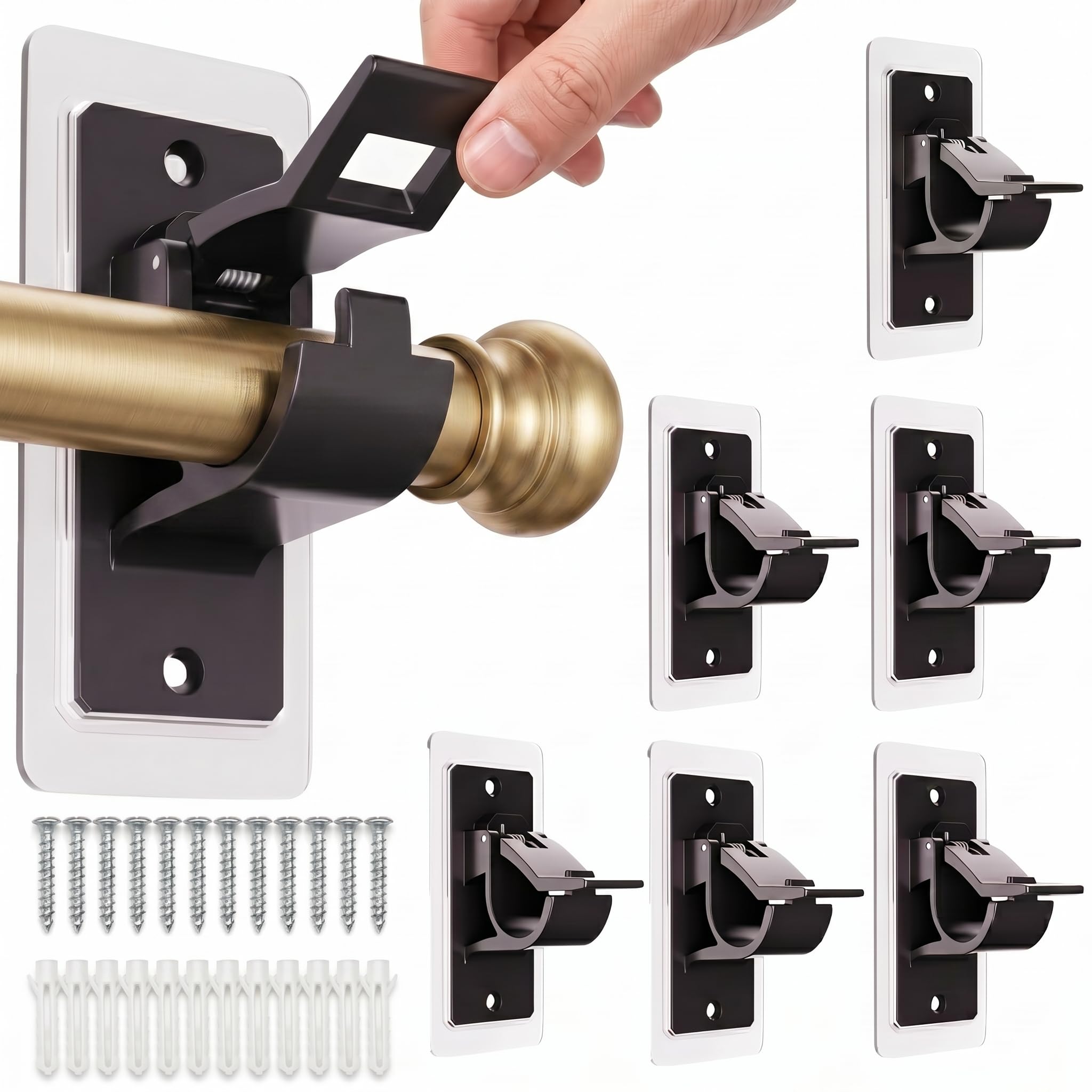 Curtain Pole Holders No Drilling - 6 Pack Curtain Pole Brackets, Black