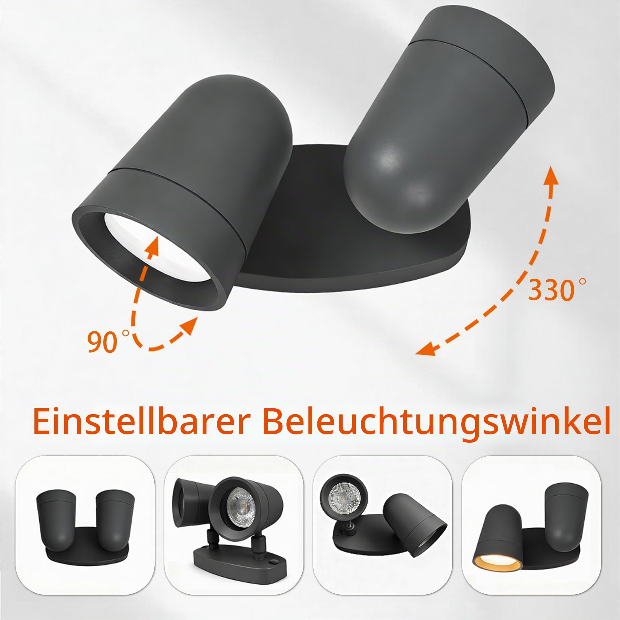 JNR Aussenlampe Wand, Doppel Strahler 330°Schwenkbar Anthrazit Grau | Einstellbarer Beleuchtungswinkel, IP65 Wasserdichte 230V Aluminium Außenlampe, 2*5W GU10 3000K LED Glühbirne Wandleuchte