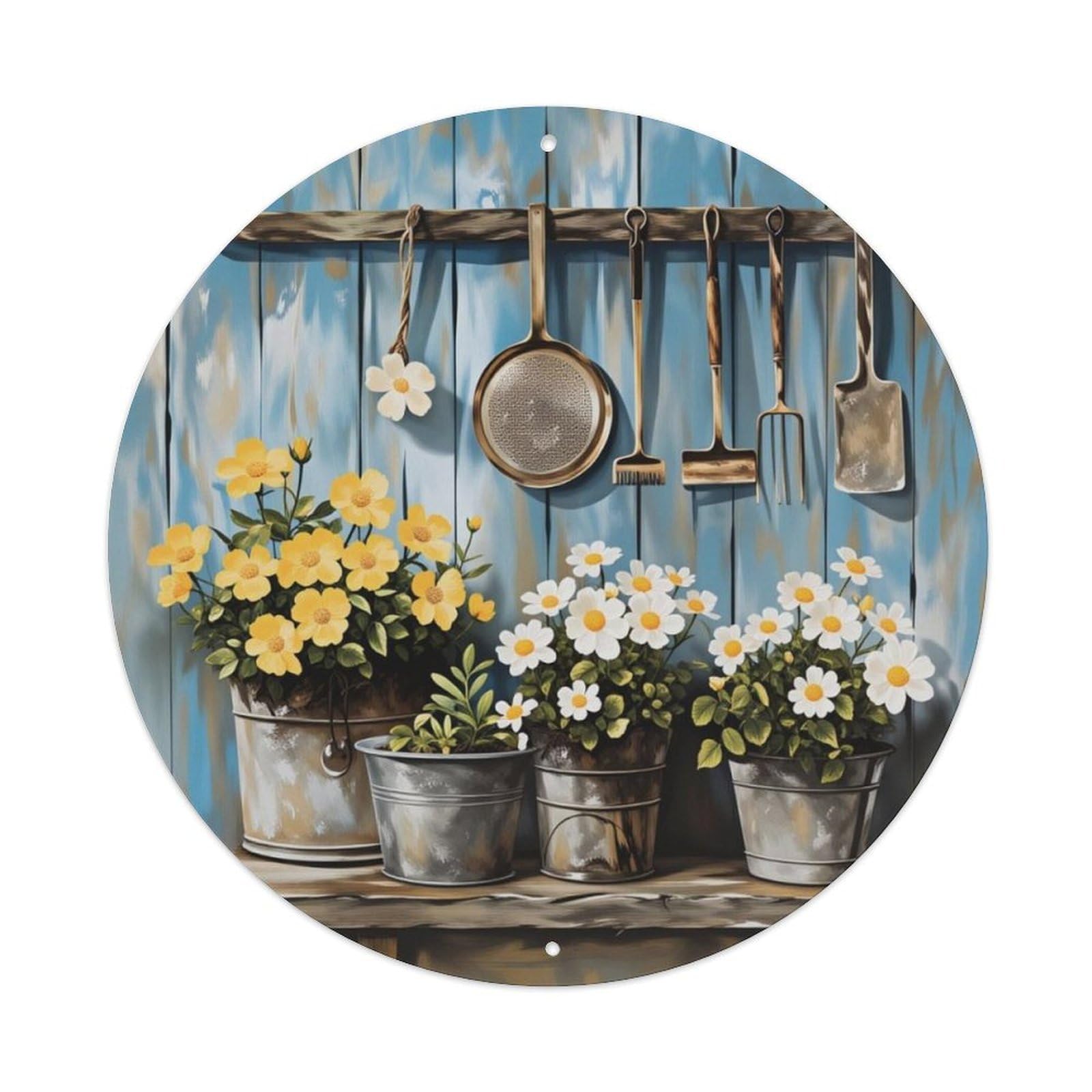 Rustic Garden Tools Daisy Bucket Round Sign Vintage Aluminium Metal Sign, Retro Wall Decor for Home, Bar, Garage & Farmhouse 20x20cm