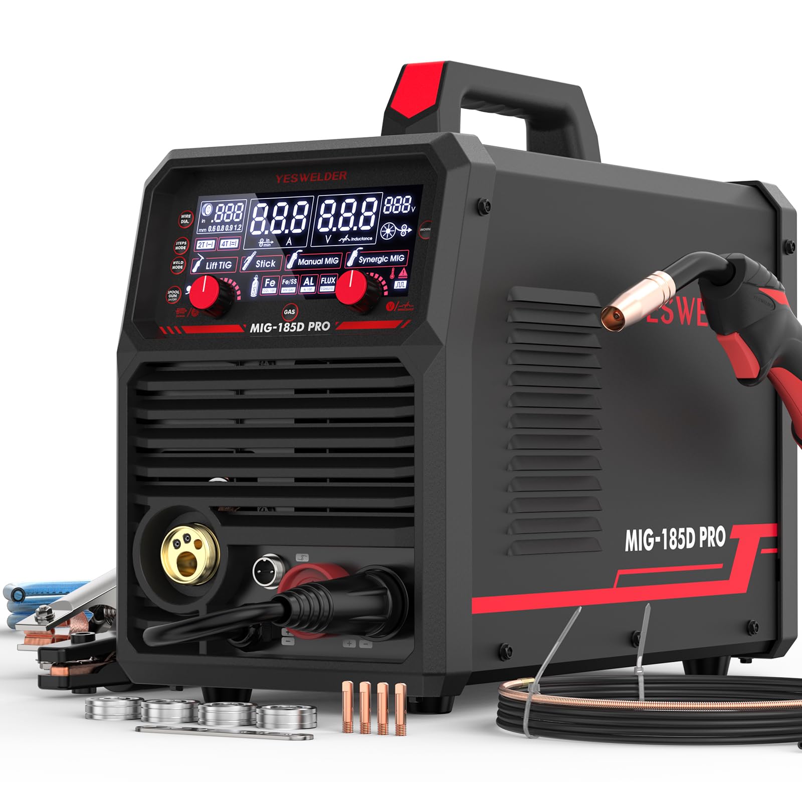 YESWELDER 185A MIG MAG Welder, Flux Core MIG/Gas MIG/MIG Reel Gun/Lift TIG/Stick 6 in 1 Multi-Process Aluminum Welder, LED Digital Display Synergistic Control 230V Global Recycled Standard Global Recycled Standard Global Recycled Standard