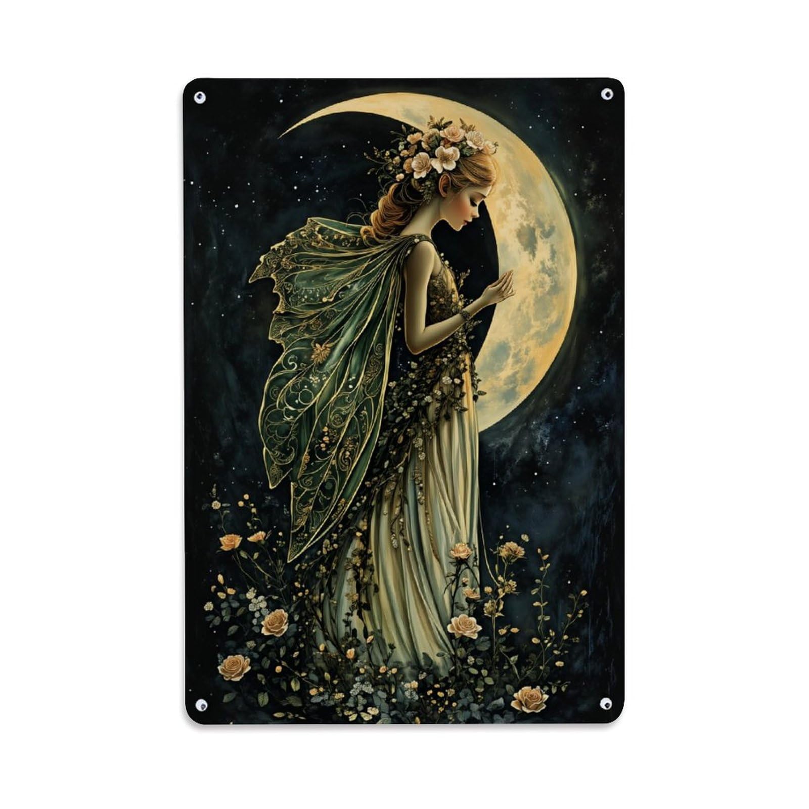 Jdfenggu Vintage Moonlit Floral Goddess Fantasy Art Retro Metal Tin Sign, Decor Art Poster For Bar, Home, Man Cave, Kitchen, Laundry Room Gift 8X12inch