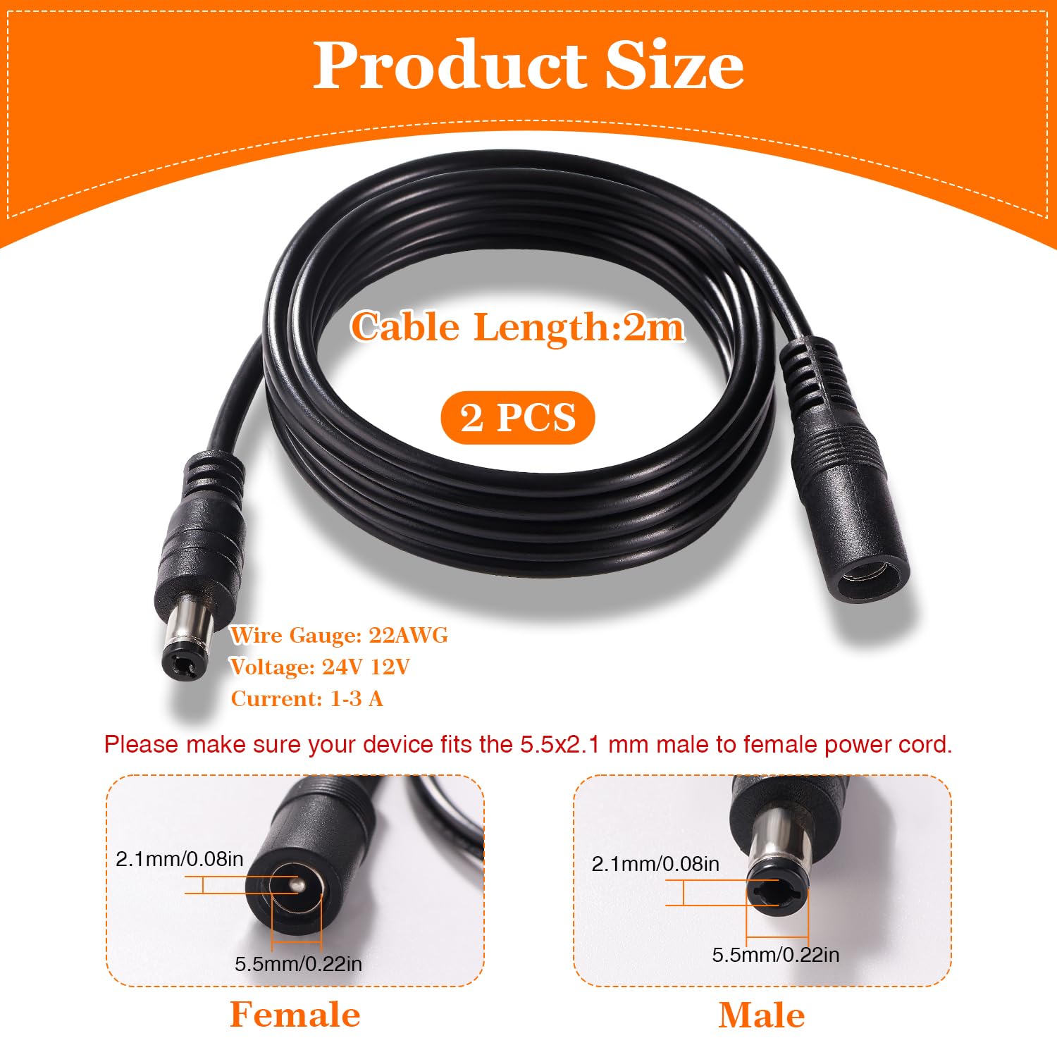2 Pezzi 2m 5.5x2.1 mm 24V 12V Cavi di Prolunga per Alimentazione DC, DC Cavo Estensione Maschio a Femmina 22AWG, per Telecamera Sicurezza CCTV, DVR, Nero