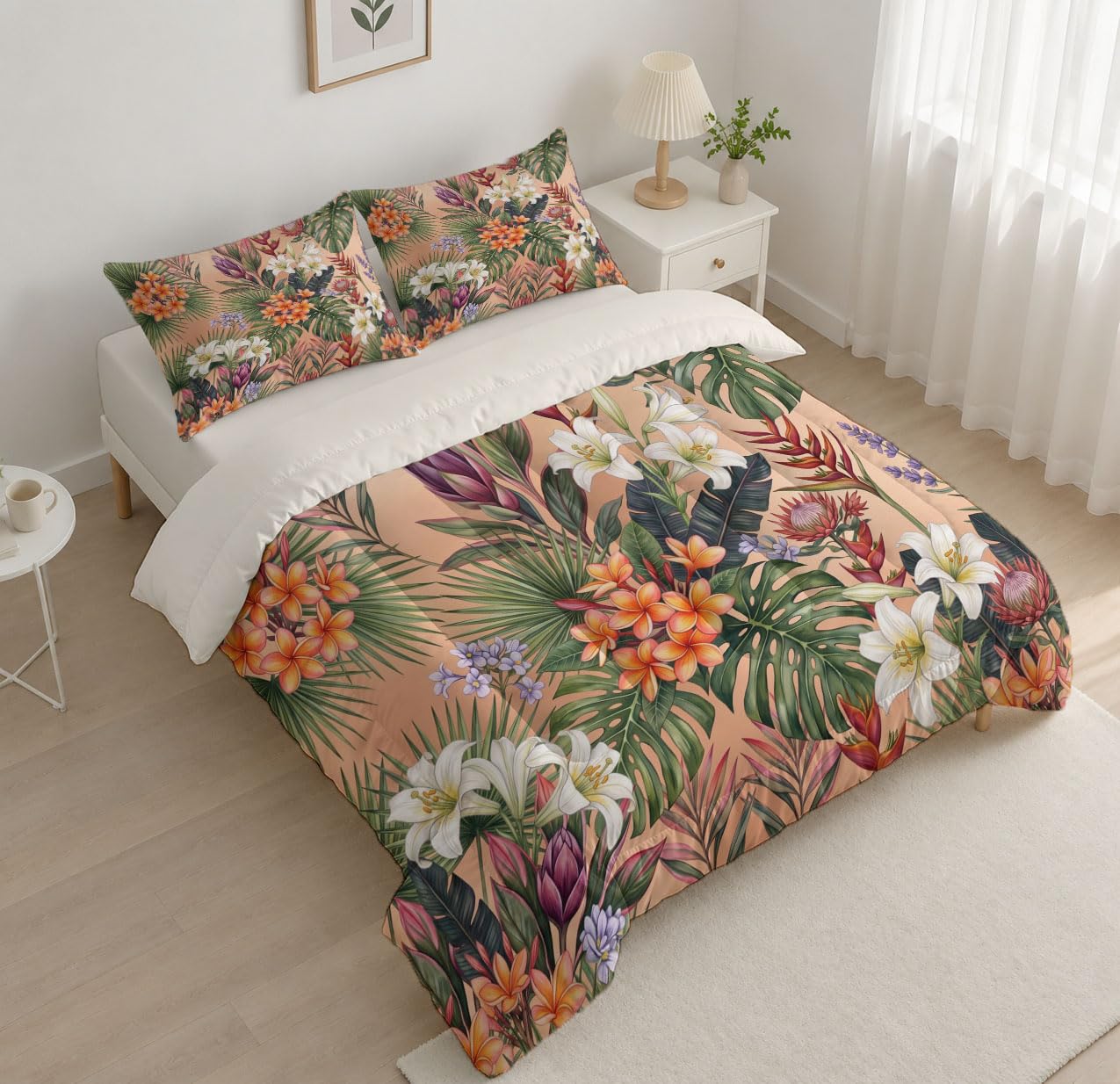 Dschungelblumen Bettdecken 264X240 cm 4 Jahreszeiten, Frangipani-Palmblätter Waschbar Bettdecke Ohne Bezug - Dunkelgrün Weiche Und Bequeme Ganzjahresdecke Mit 2 Kissenbezug